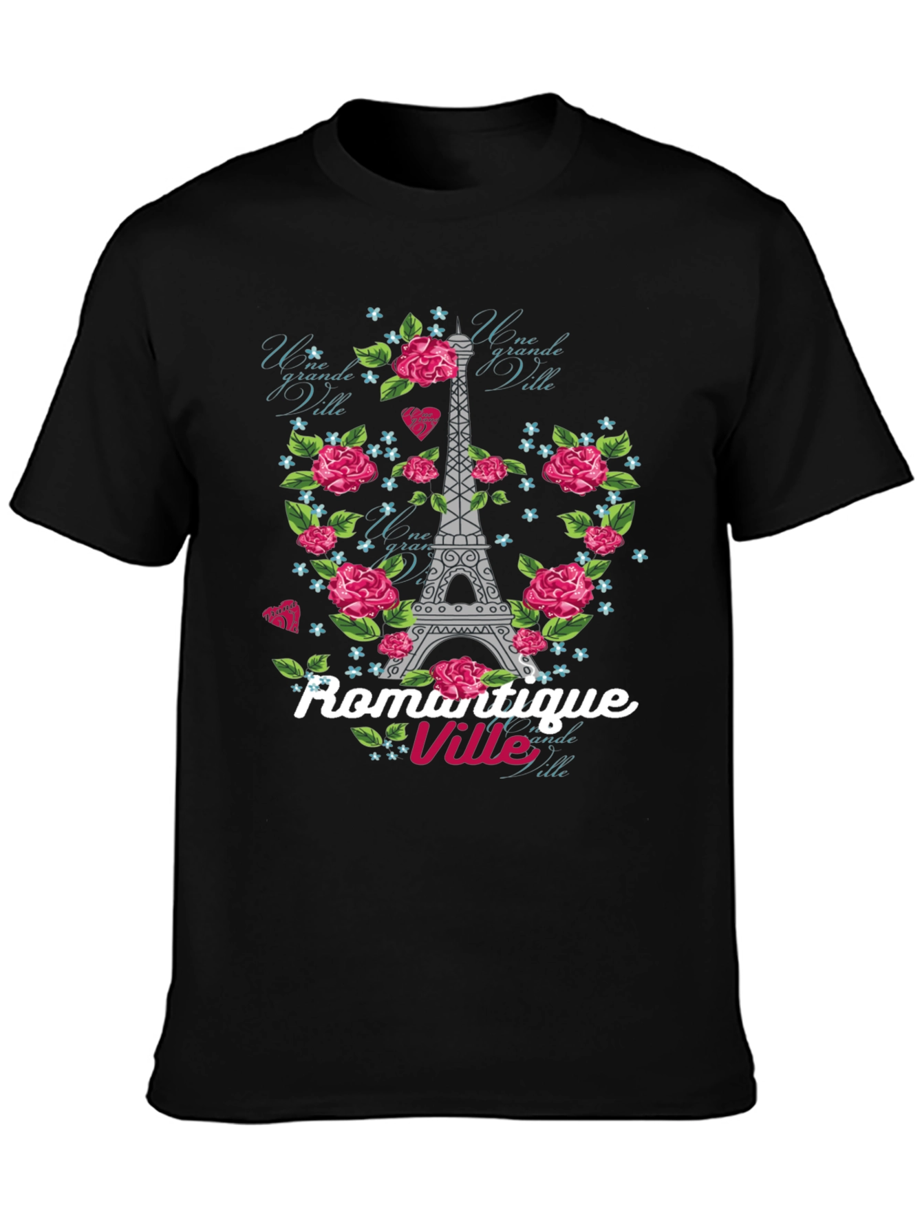Paris Romance Graphic Tee - Eiffel Tower Rose Design