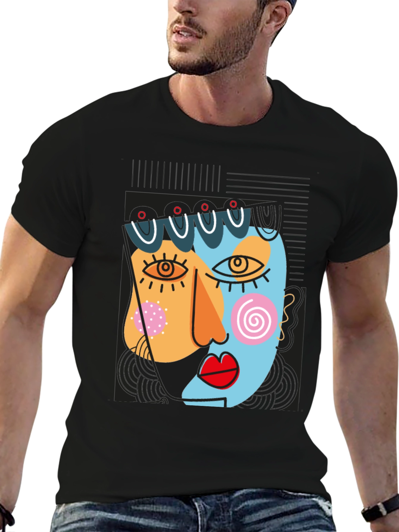 Abstract Art Face Graphic Black T-Shirt
