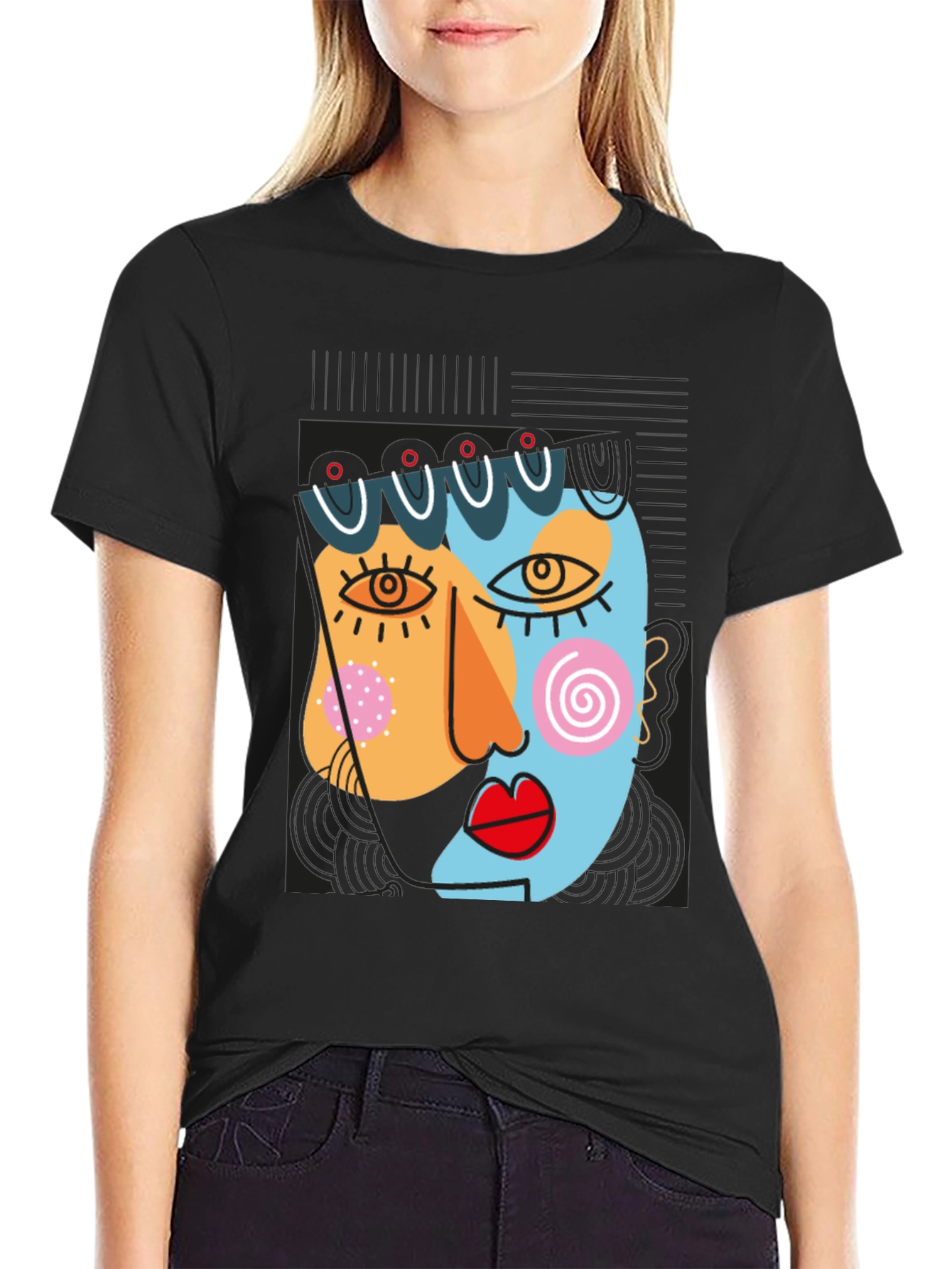 Abstract Art Face Graphic Black T-Shirt