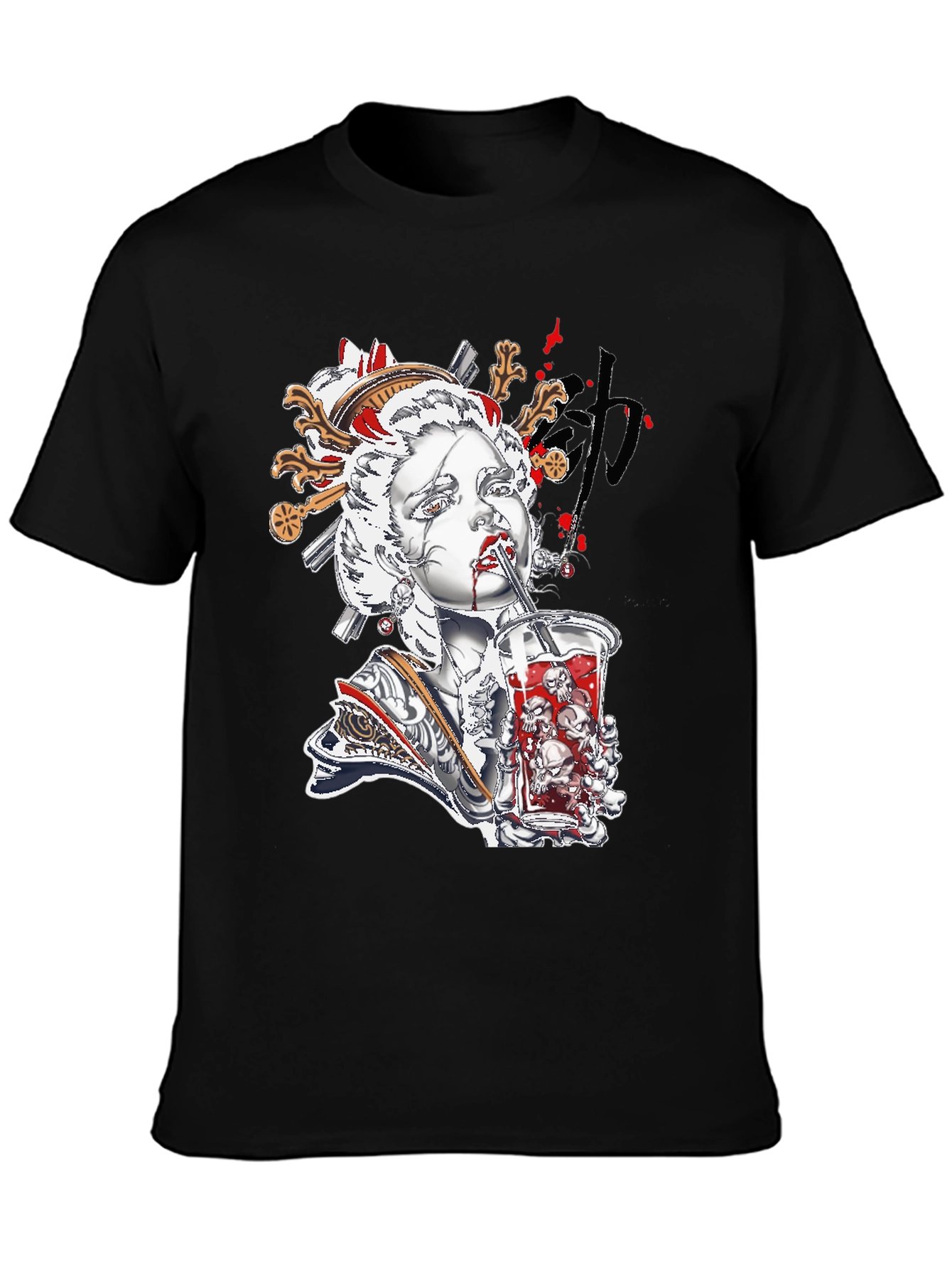 Geisha Skull Drink Graphic Black Tee