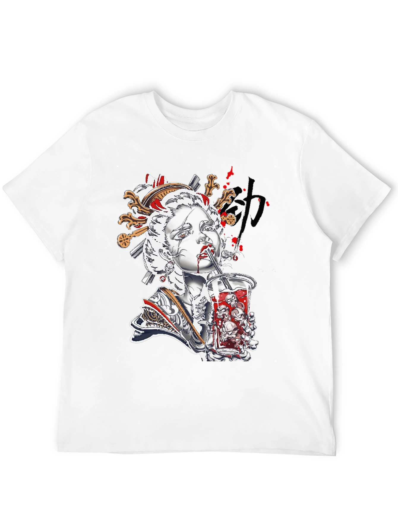 Geisha Skull Drink Graphic Black Tee