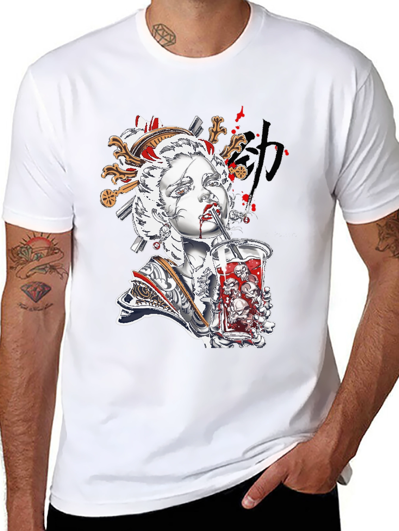 Geisha Skull Drink Graphic Black Tee