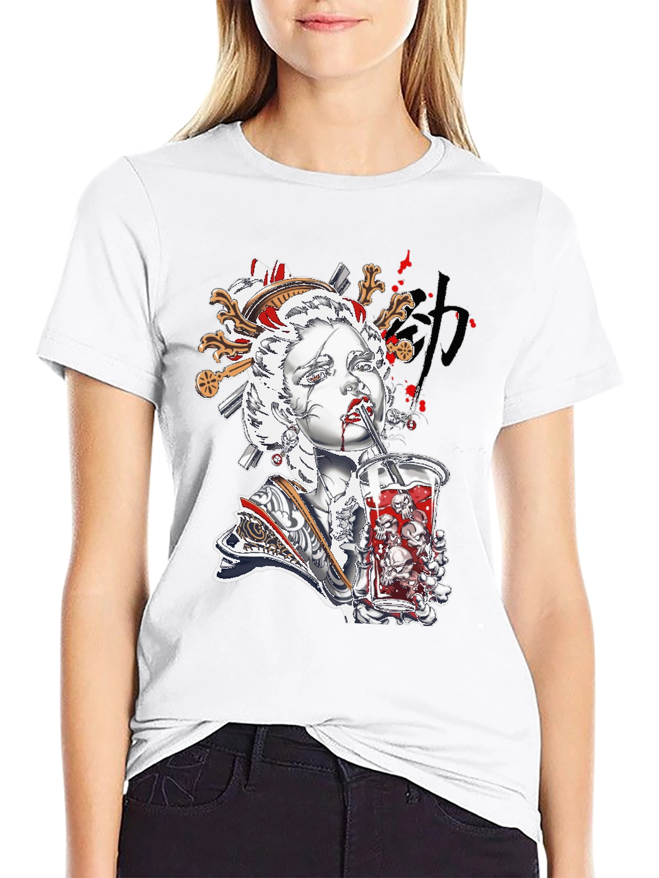 Geisha Skull Drink Graphic Black Tee