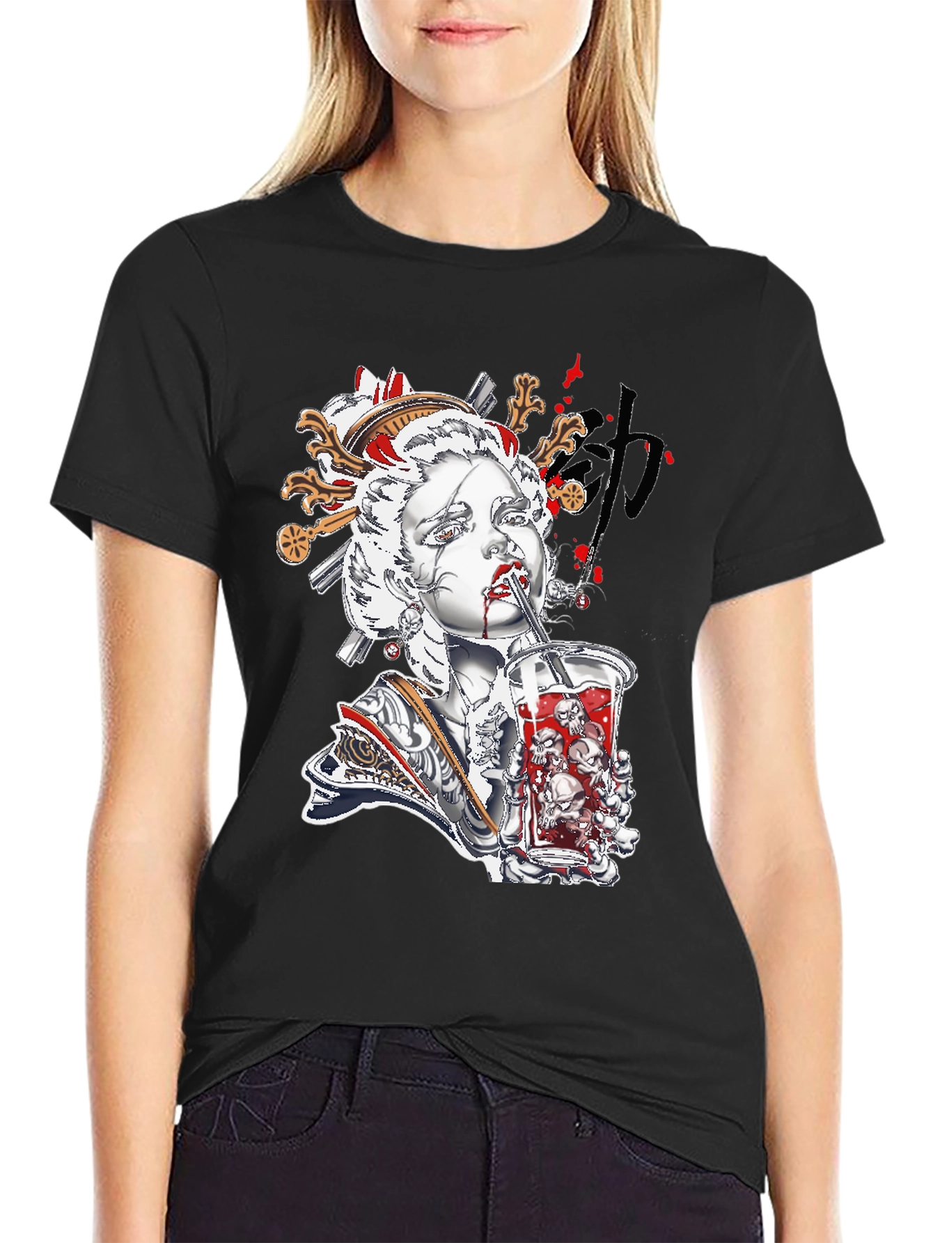 Geisha Skull Drink Graphic Black Tee