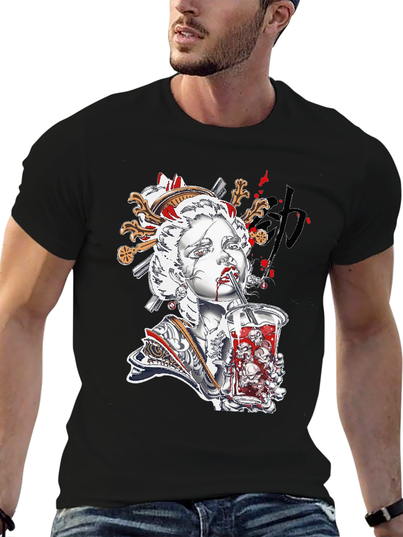 Geisha Skull Drink Graphic Black Tee