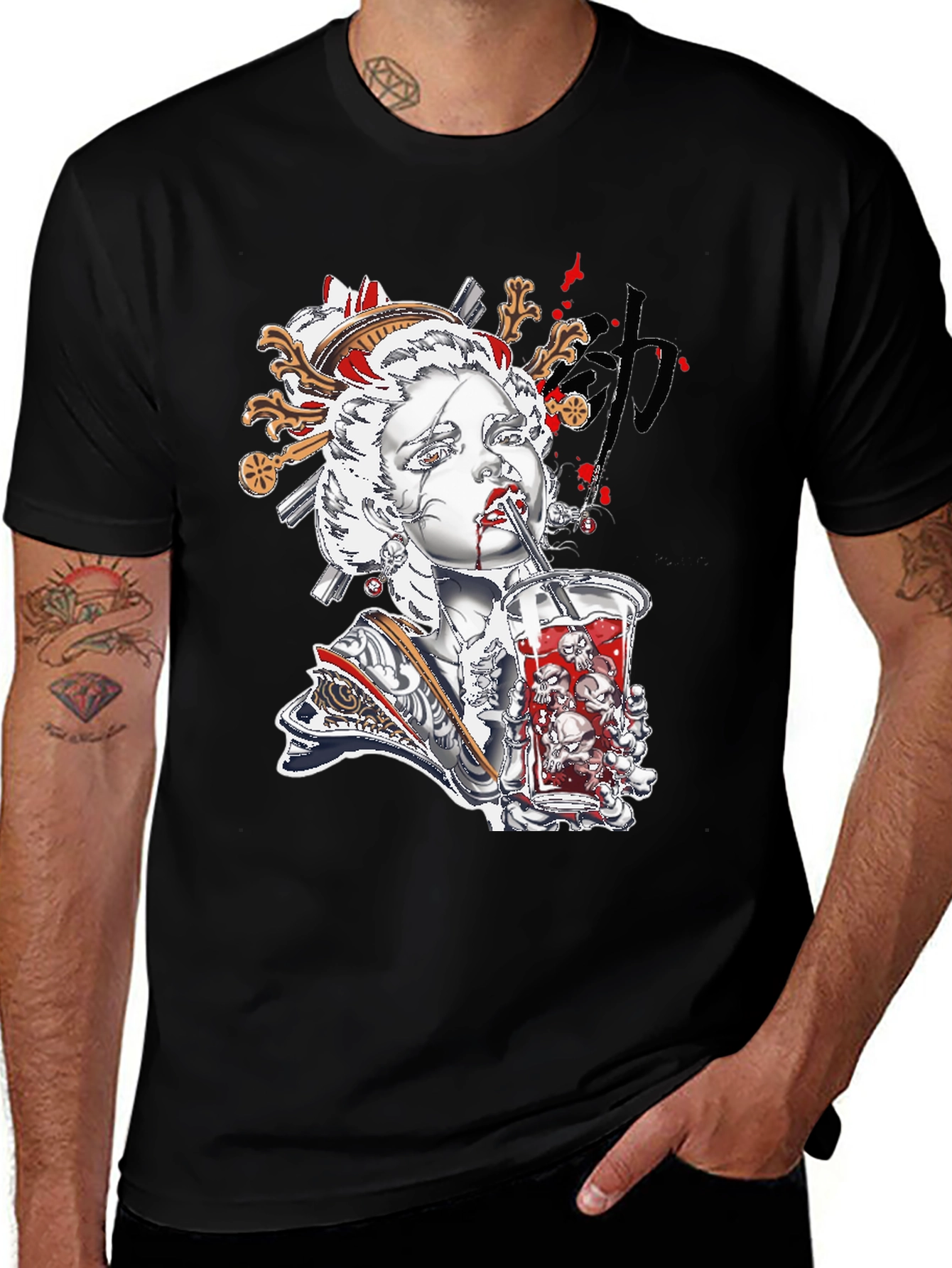 Geisha Skull Drink Graphic Black Tee