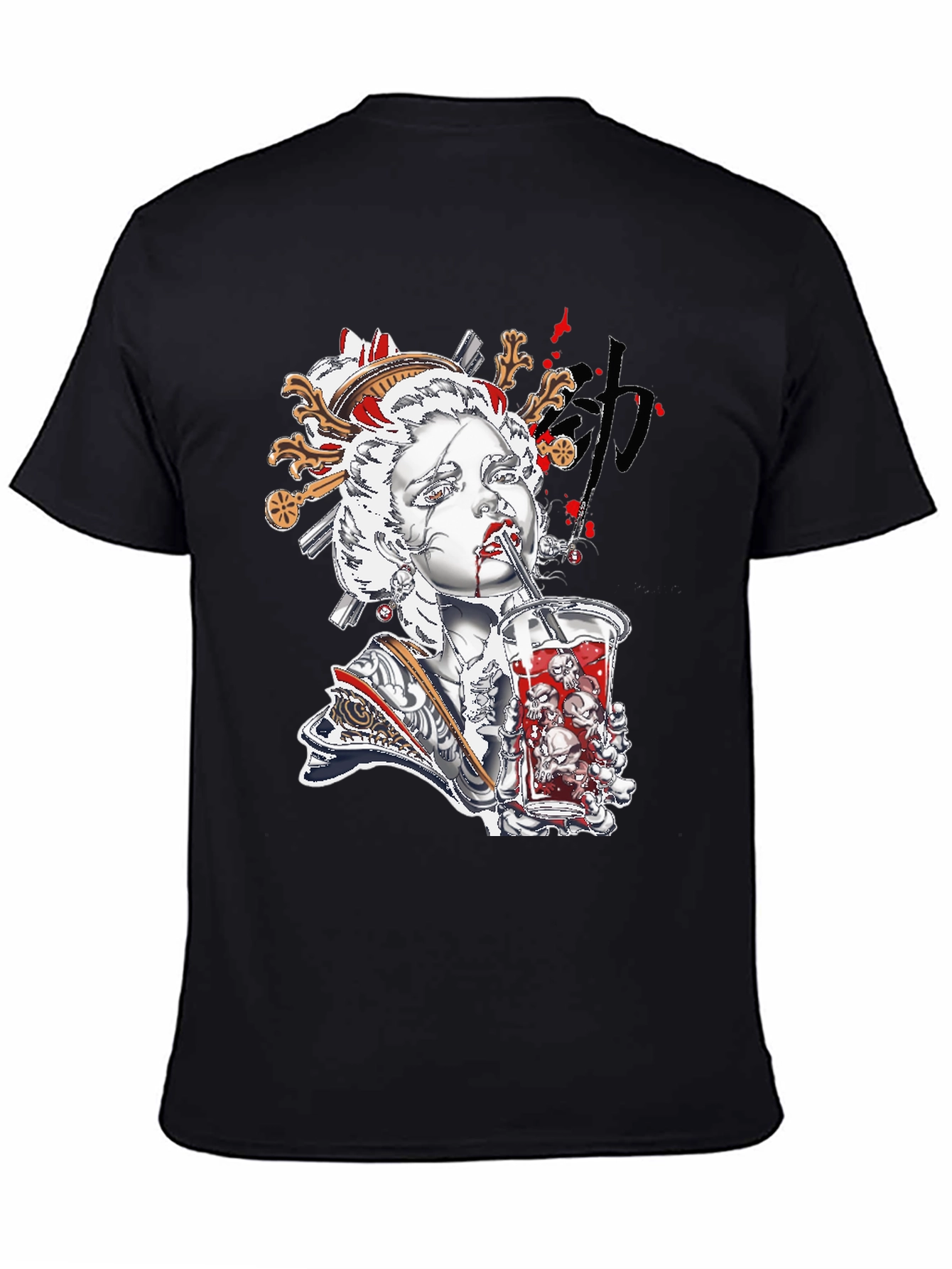 Geisha Skull Drink Graphic Black Tee