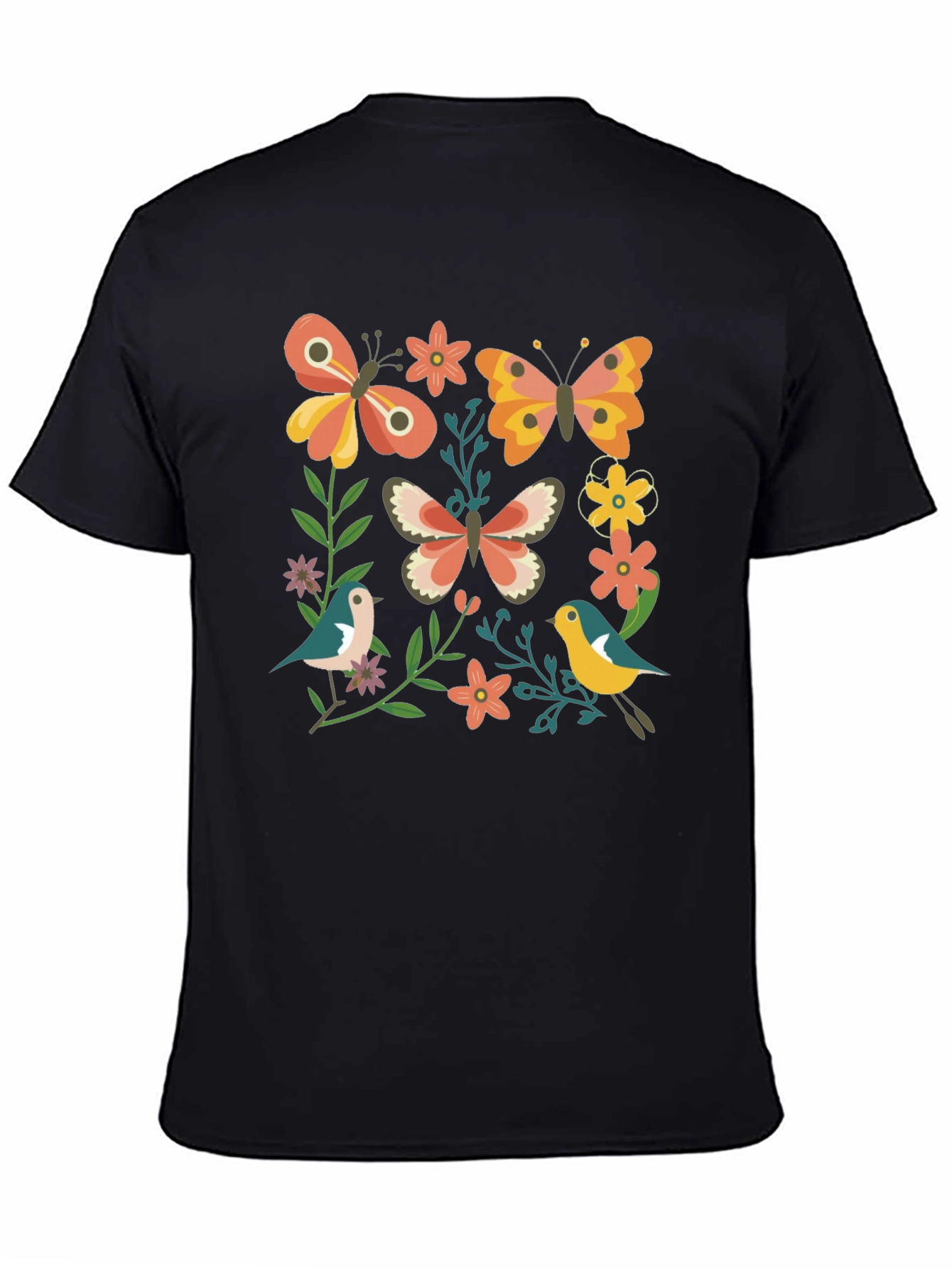 Butterfly & Floral Graphic Print Black T-Shirt