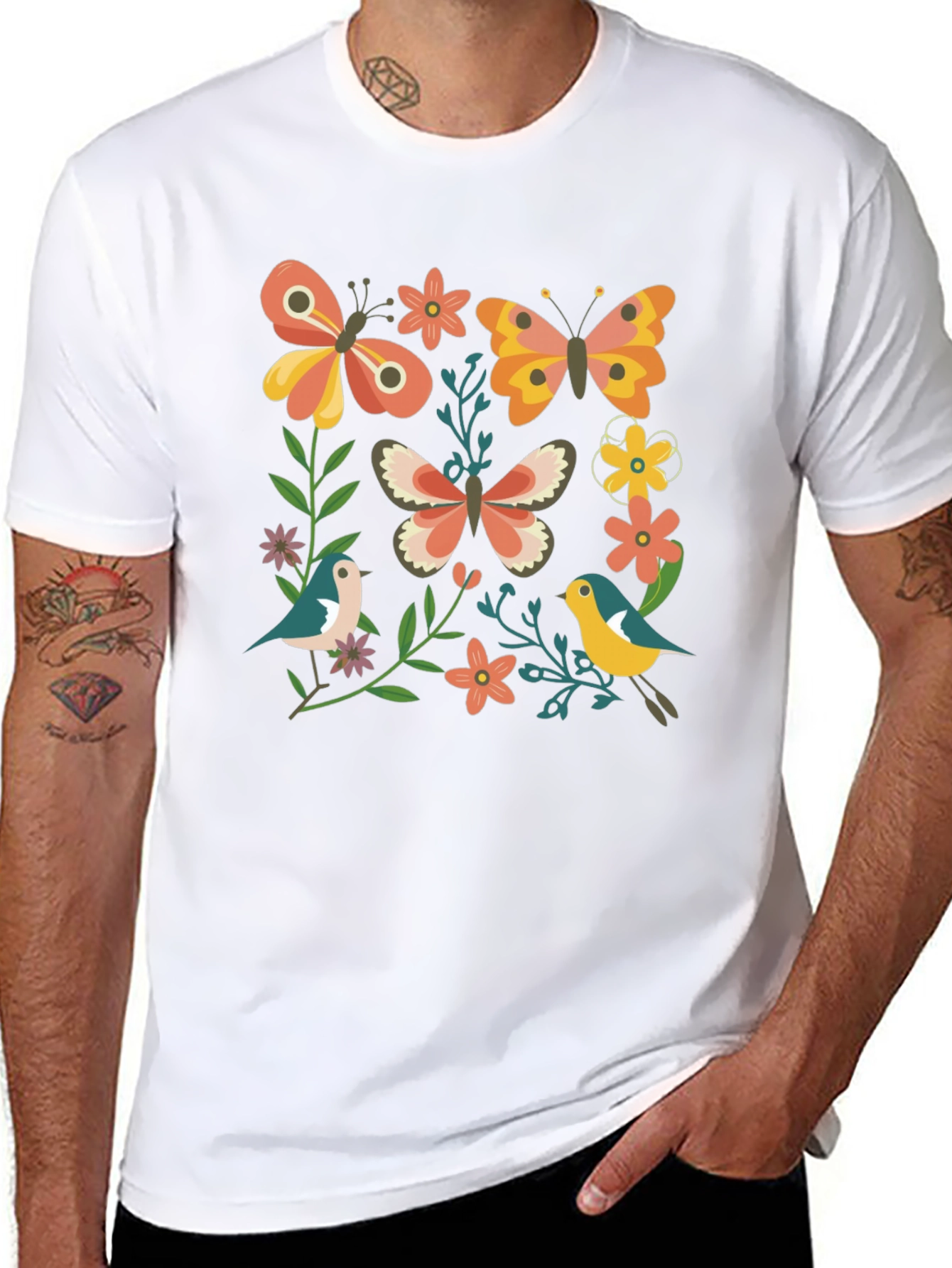 Butterfly & Floral Graphic Print Black T-Shirt
