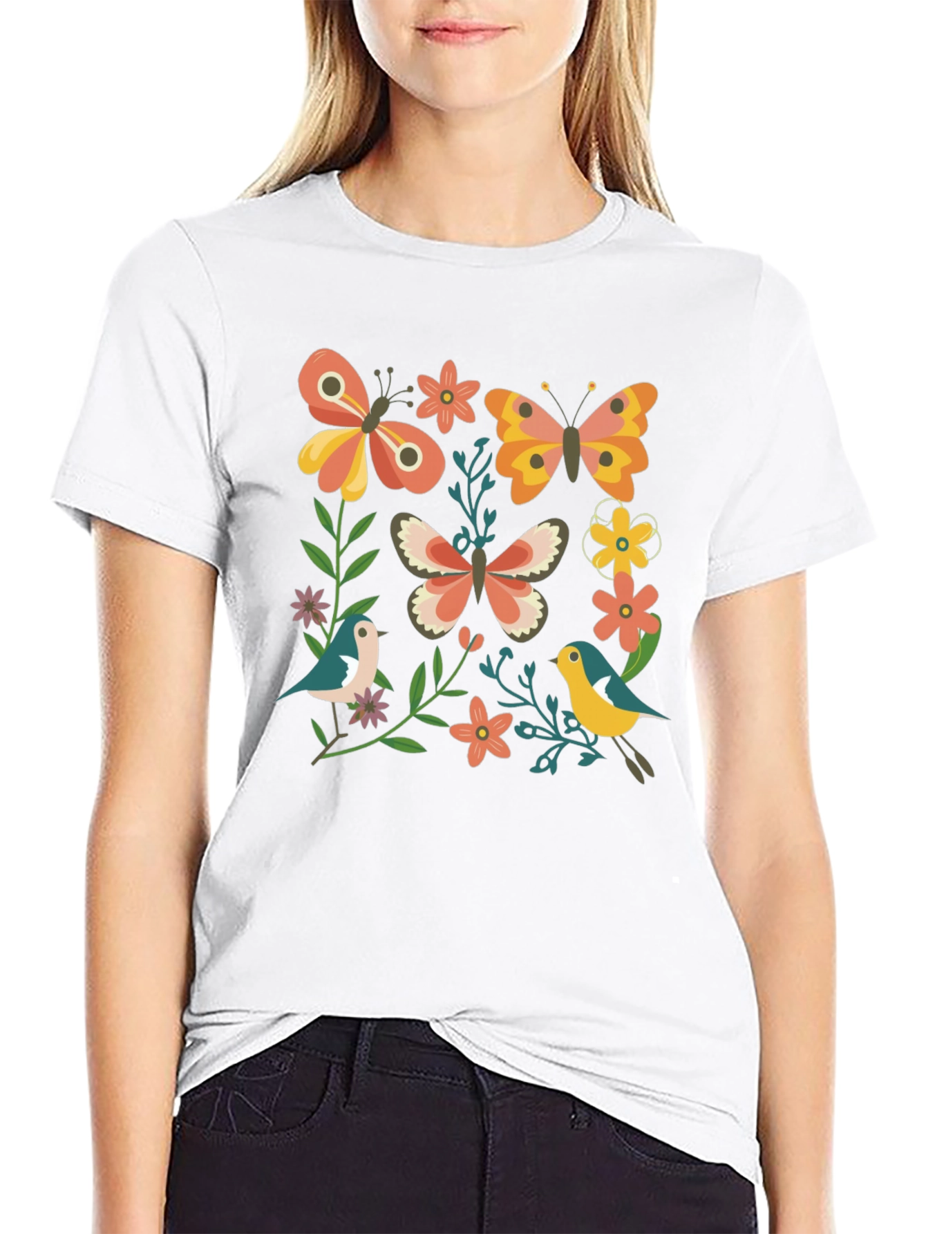 Butterfly & Floral Graphic Print Black T-Shirt
