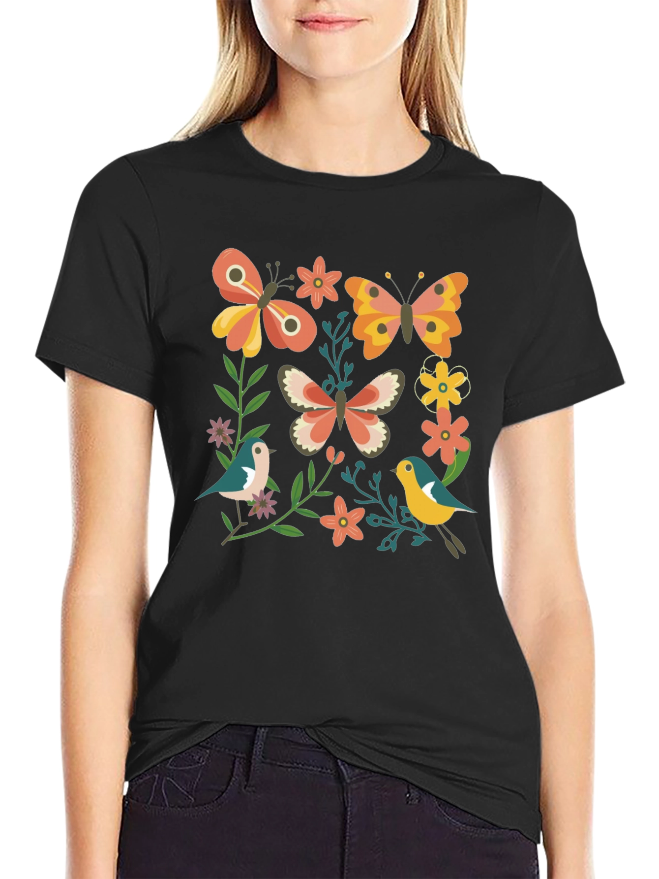 Butterfly & Floral Graphic Print Black T-Shirt