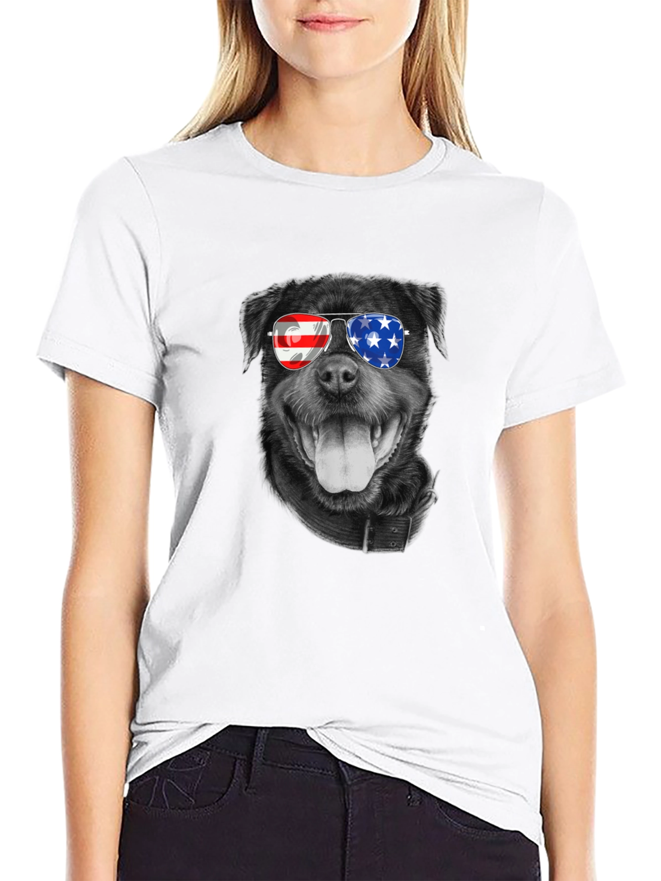 Patriotic Rottweiler T-Shirt - American Flag Sunglasses