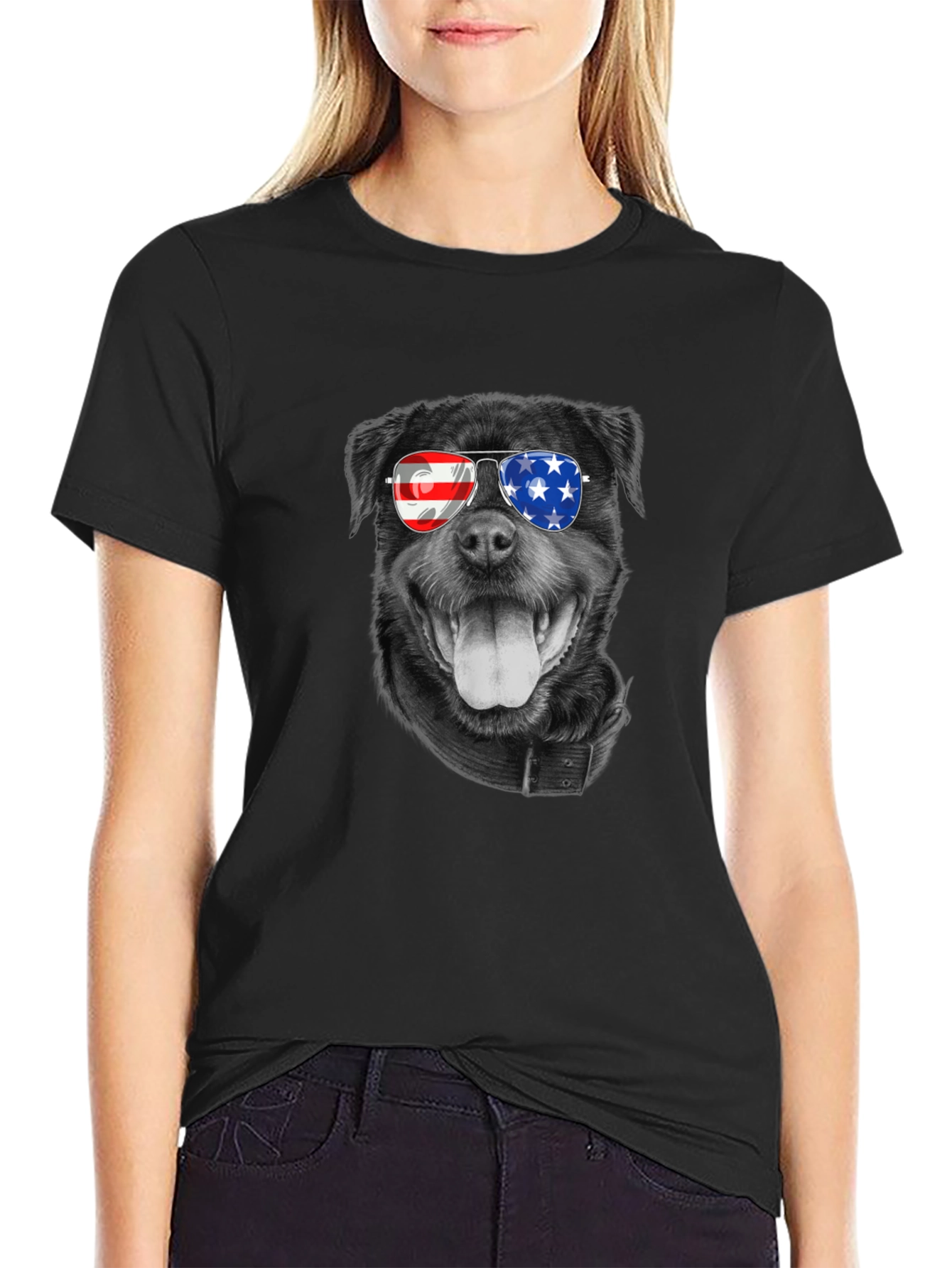 Patriotic Rottweiler T-Shirt - American Flag Sunglasses