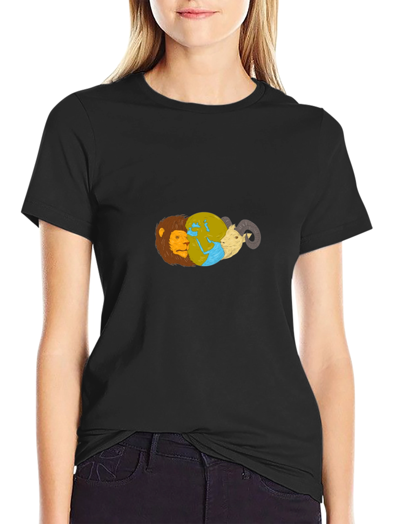 Lion Earth Ram Graphic Black T-Shirt