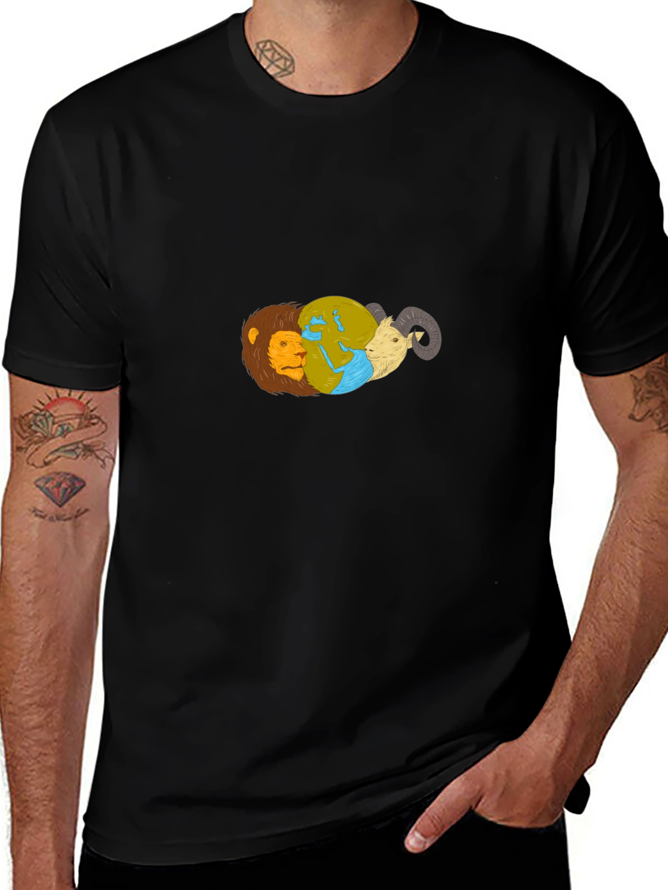 Lion Earth Ram Graphic Black T-Shirt