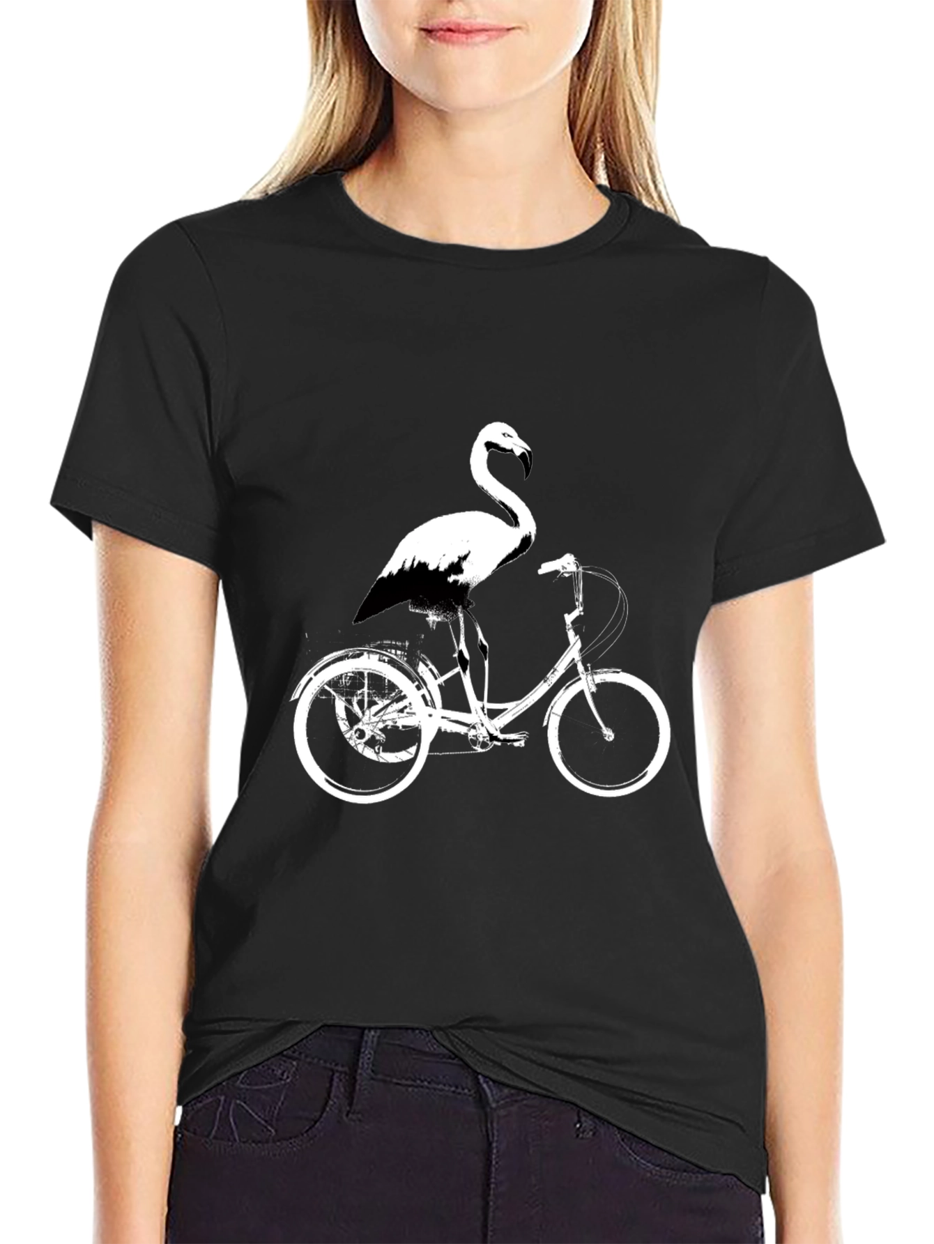 Flamingo on Bike Graphic Tee - Black Cotton Shirt