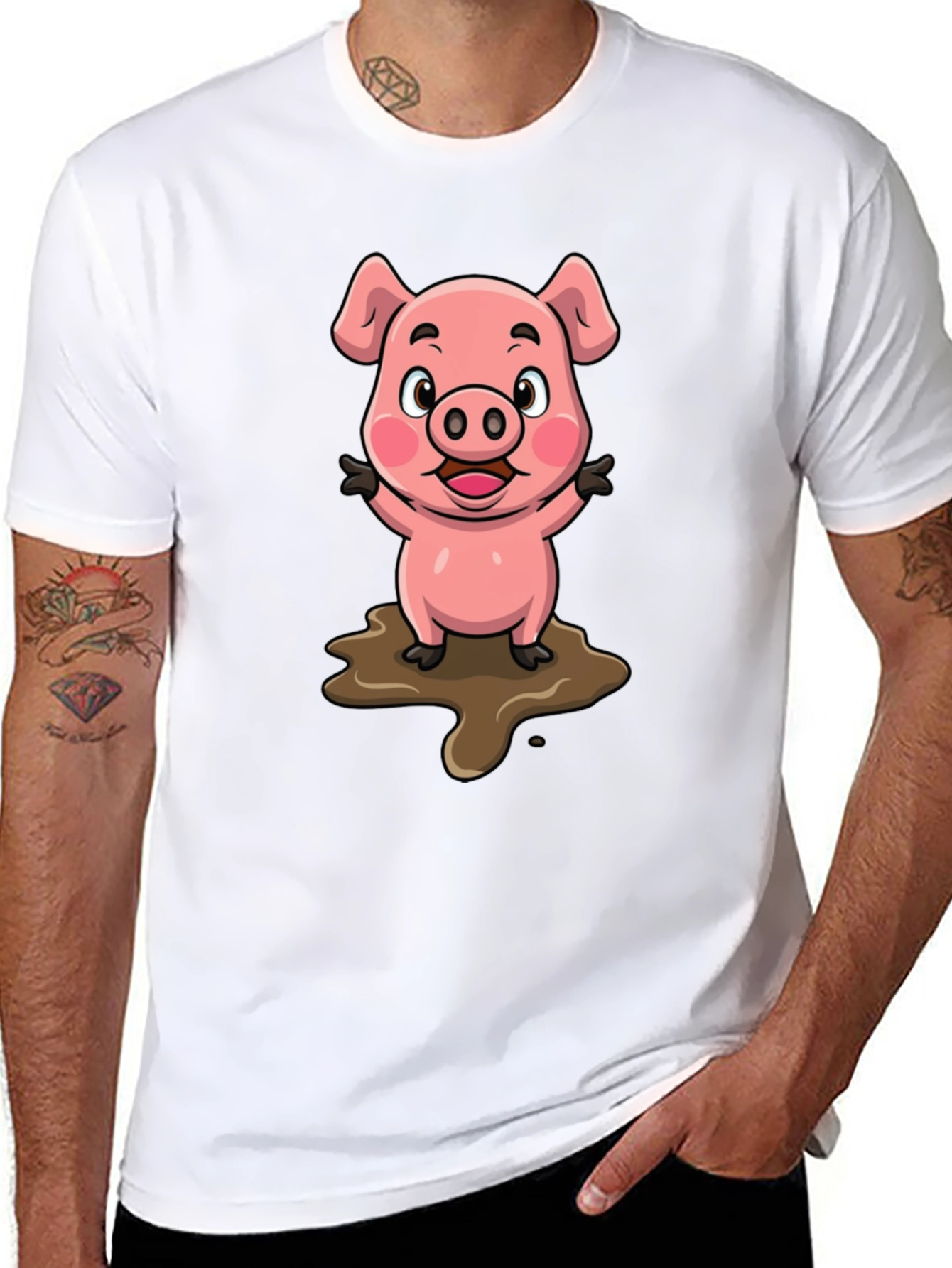 Cute Pig in Mud Cartoon T-Shirt