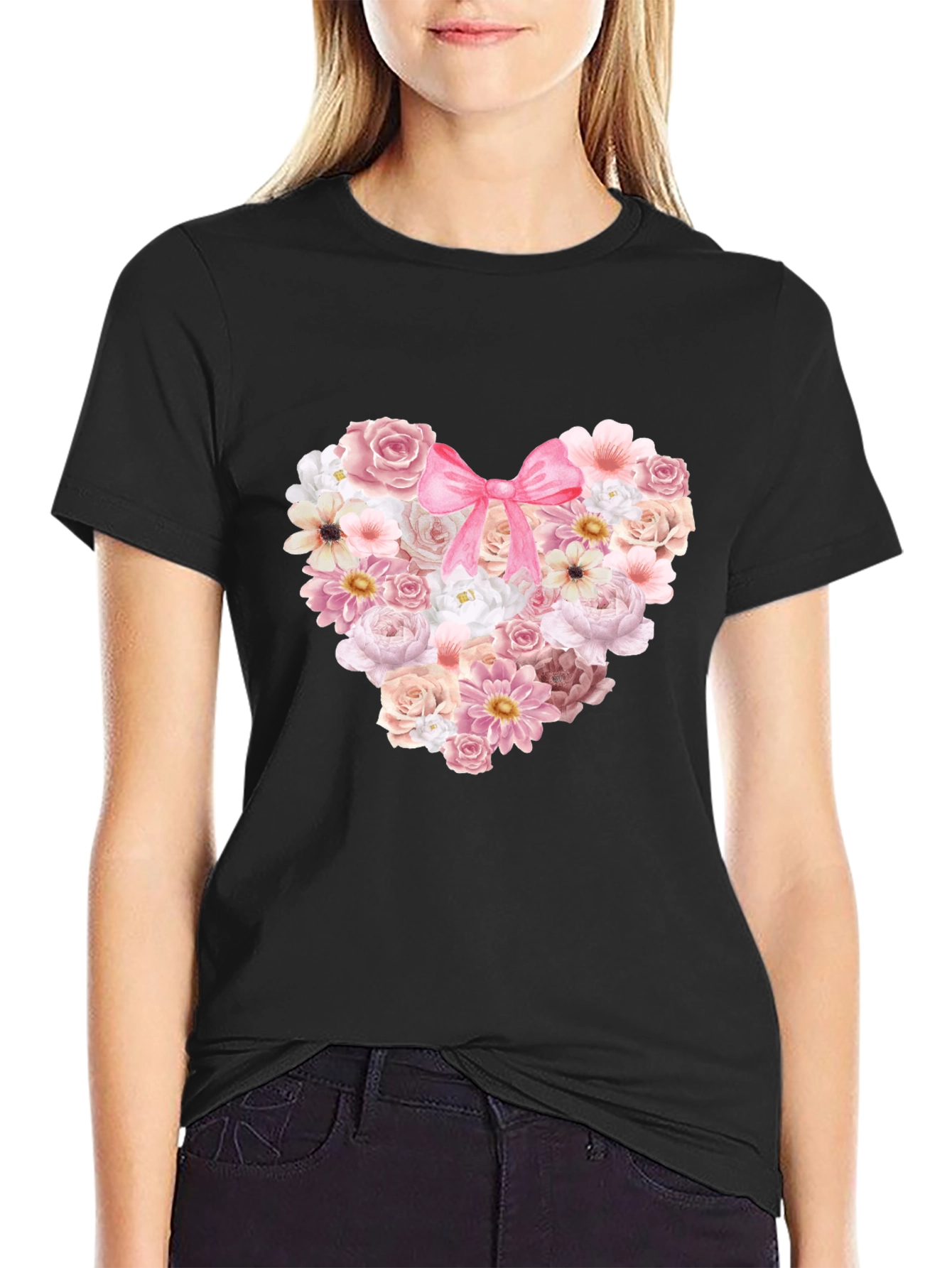 Floral Heart Graphic Tee - Romantic Style