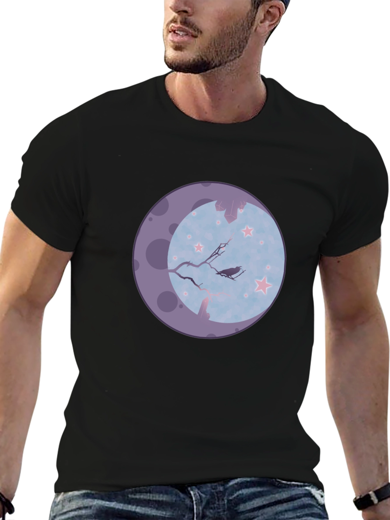 Raven Moon Graphic Tee - Black Cotton Blend T-Shirt