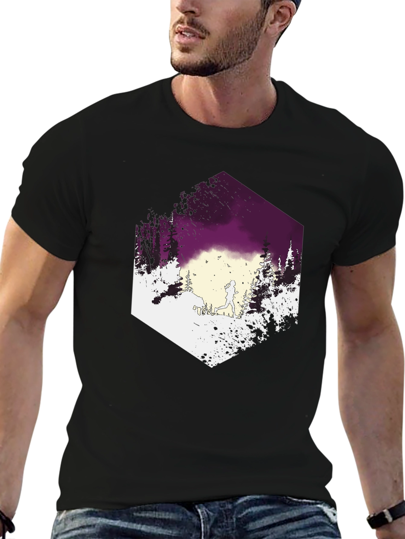 Mens Black T-Shirt with Running Trail Design