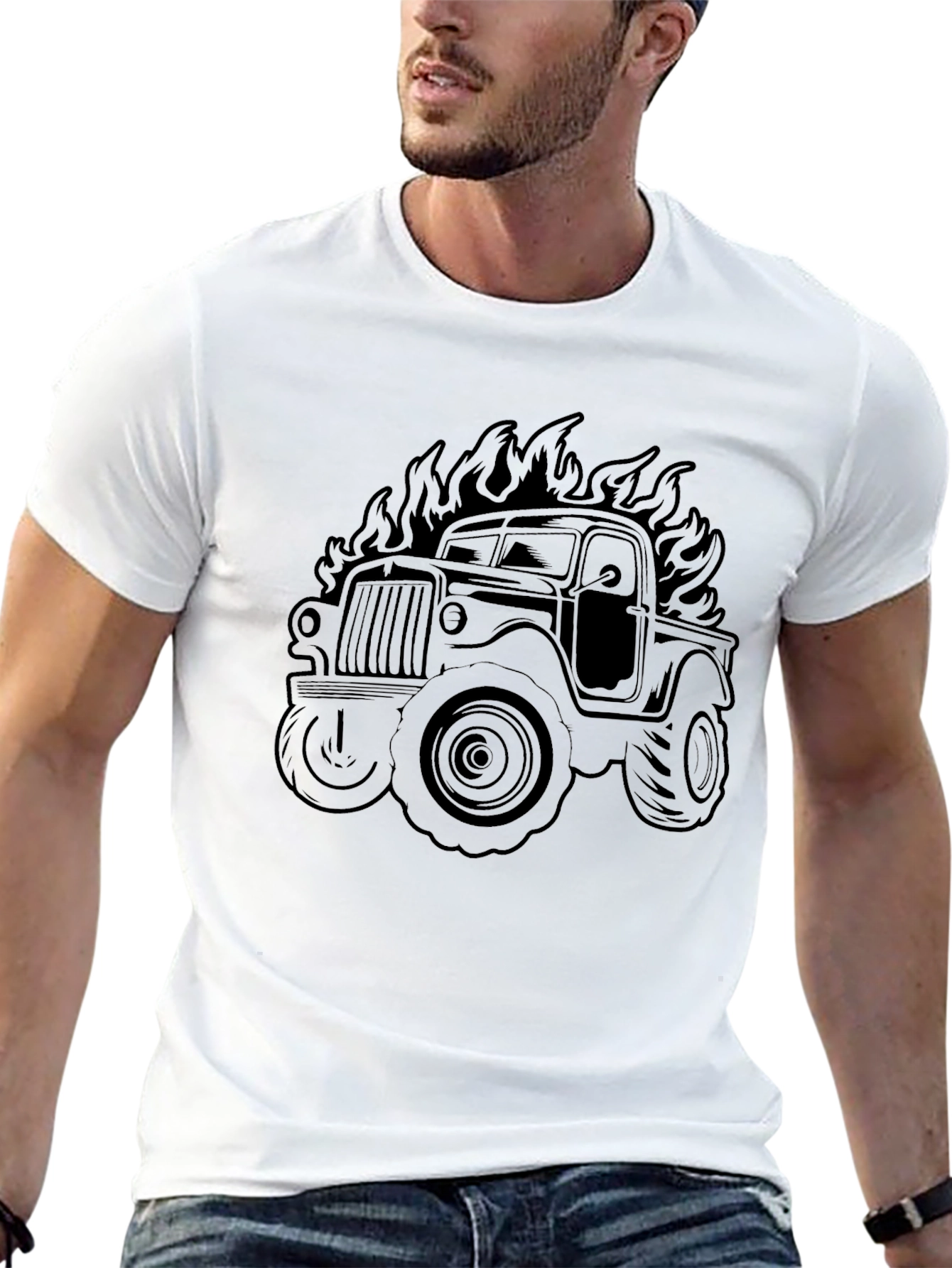 Fiery Truck Graphic Tee - Black Cotton Comfort