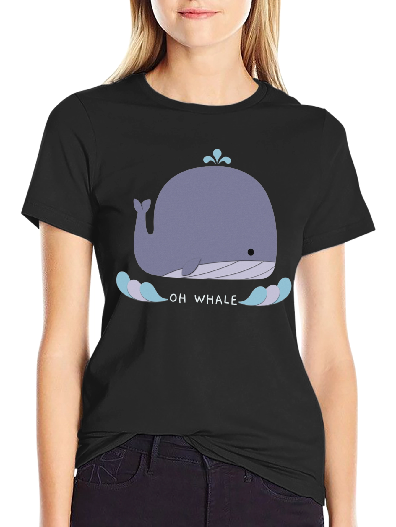 Cute Whale Graphic Tee - Black Cotton T-Shirt