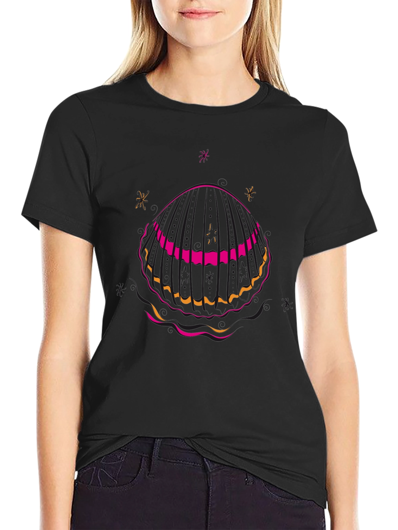 Black T-Shirt with Seashell Graphic