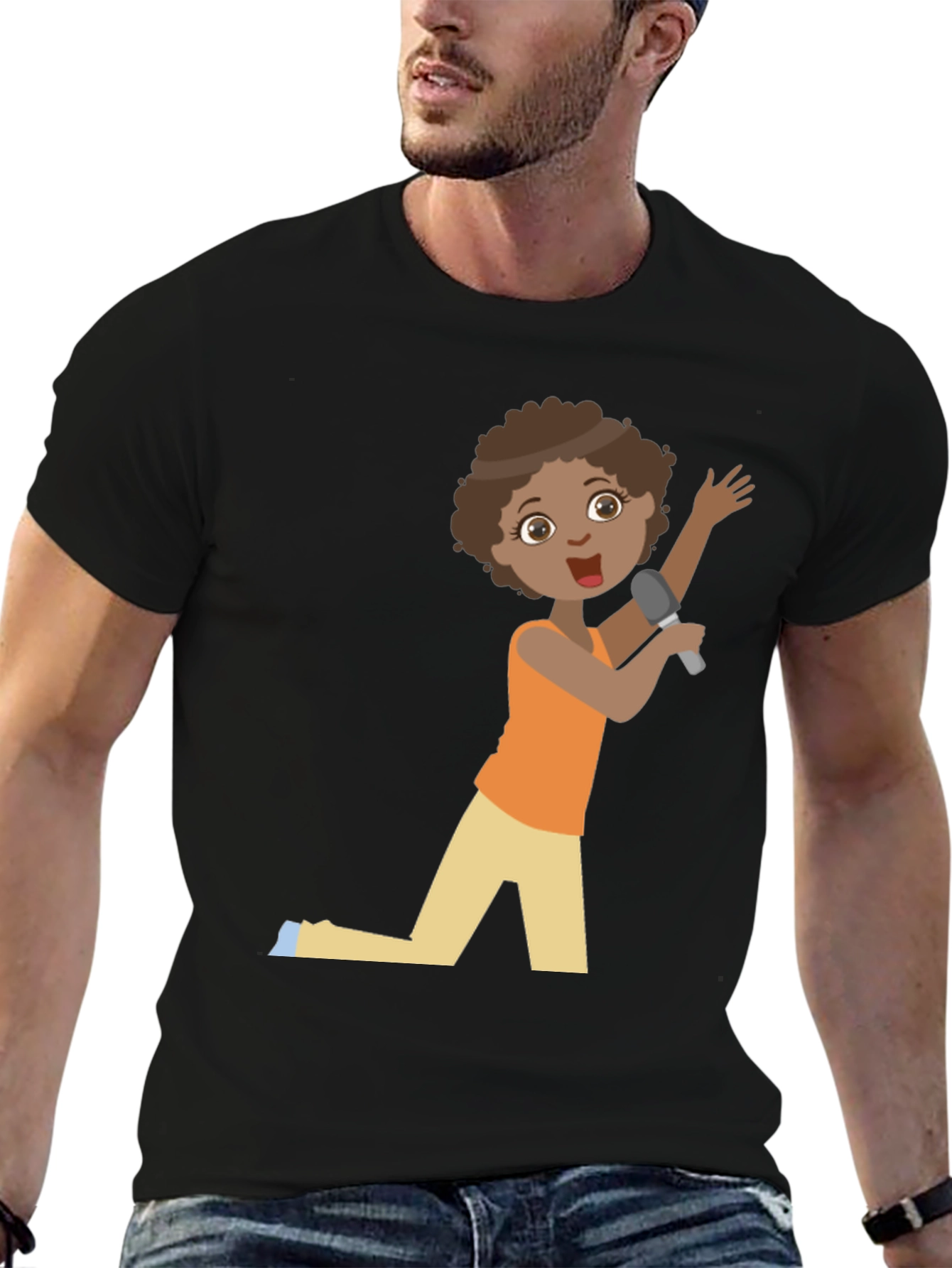 Cartoon Singer Graphic Tee - Black Unisex T-Shirt