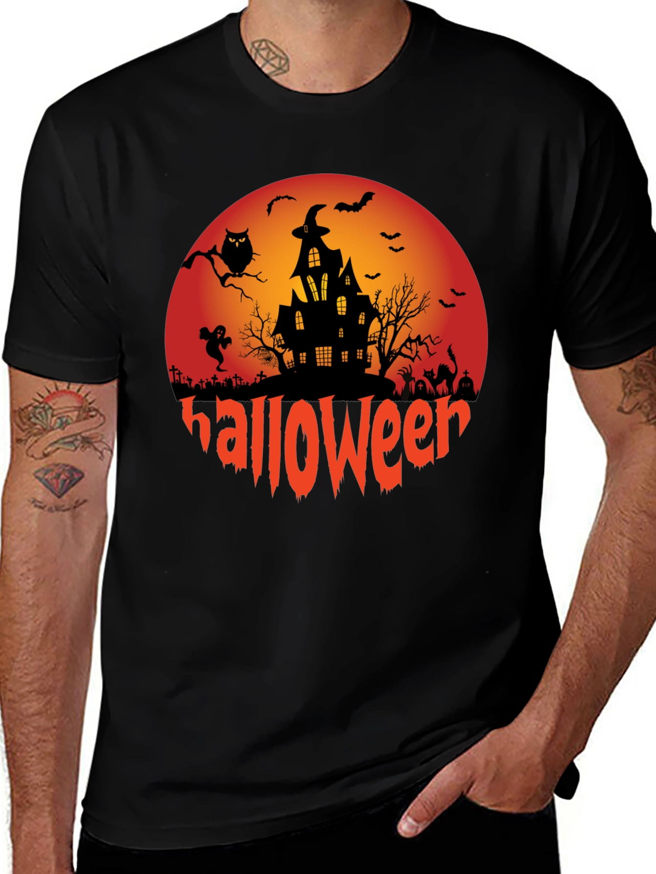 Halloween Graphic Tee - Spooky Design Black T-Shirt