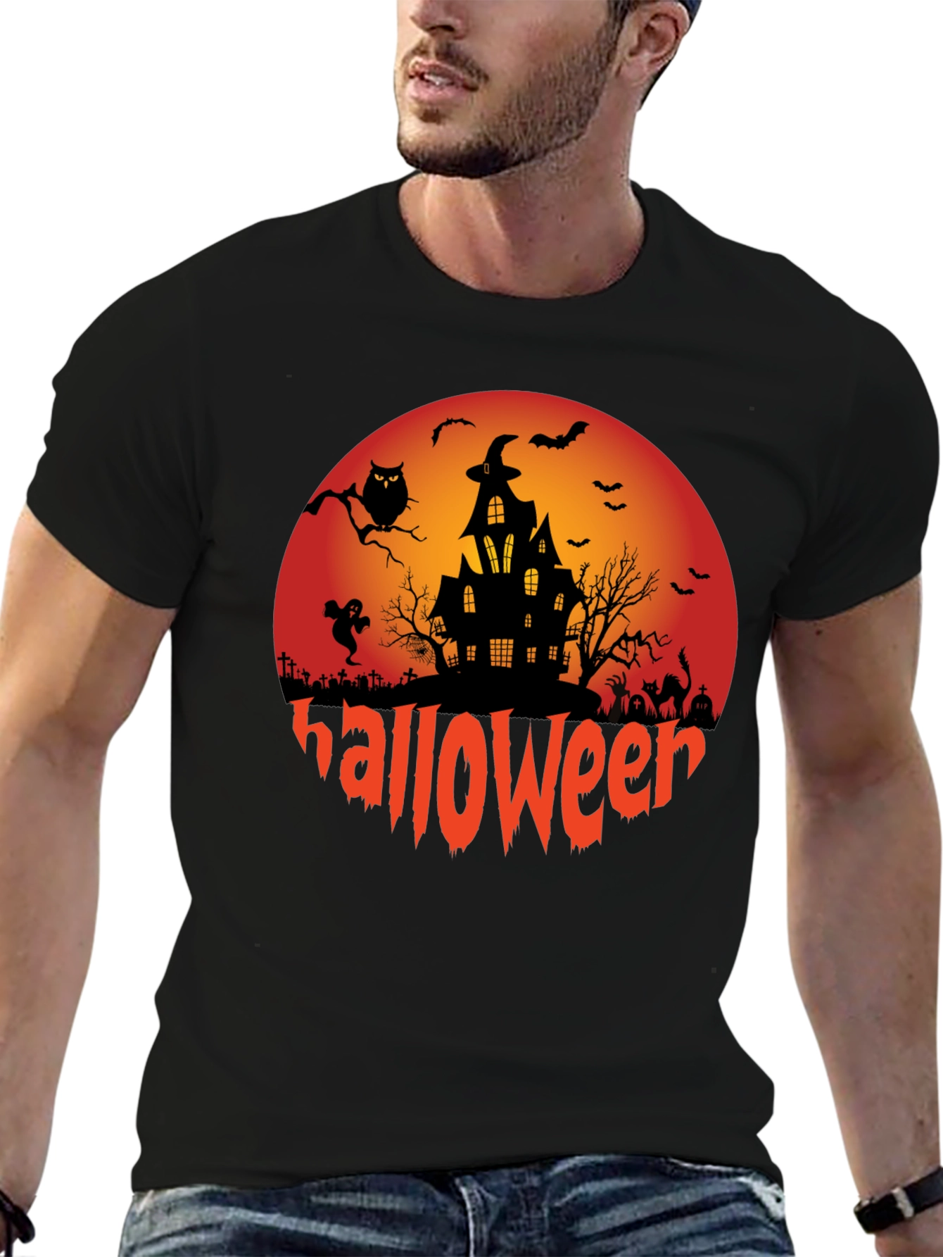 Halloween Graphic Tee - Spooky Design Black T-Shirt