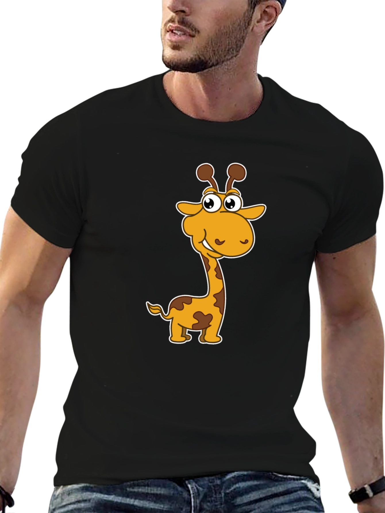 Cartoon Giraffe Graphic Tee - Mens Black T-Shirt