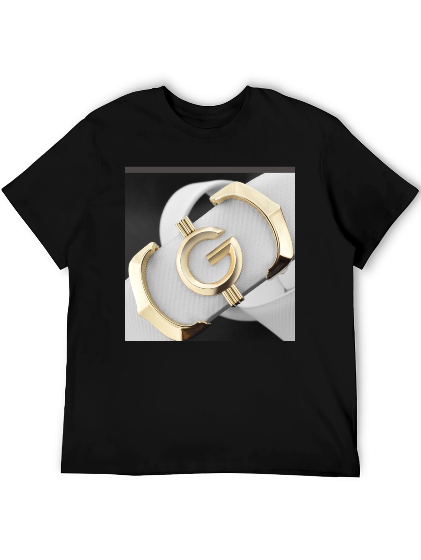 Stylish Black T-Shirt with Gold G Belt Print