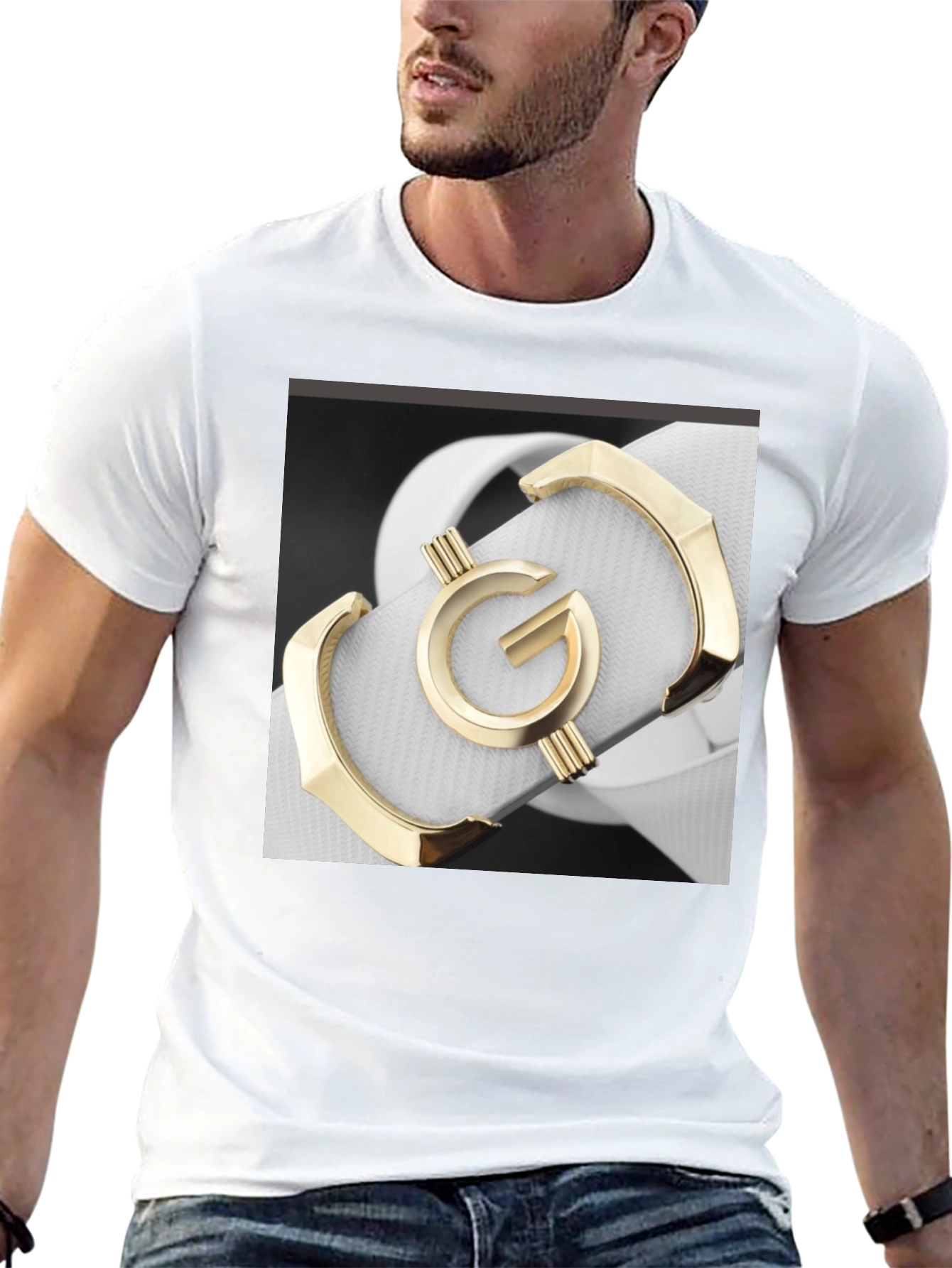 Stylish Black T-Shirt with Gold G Belt Print