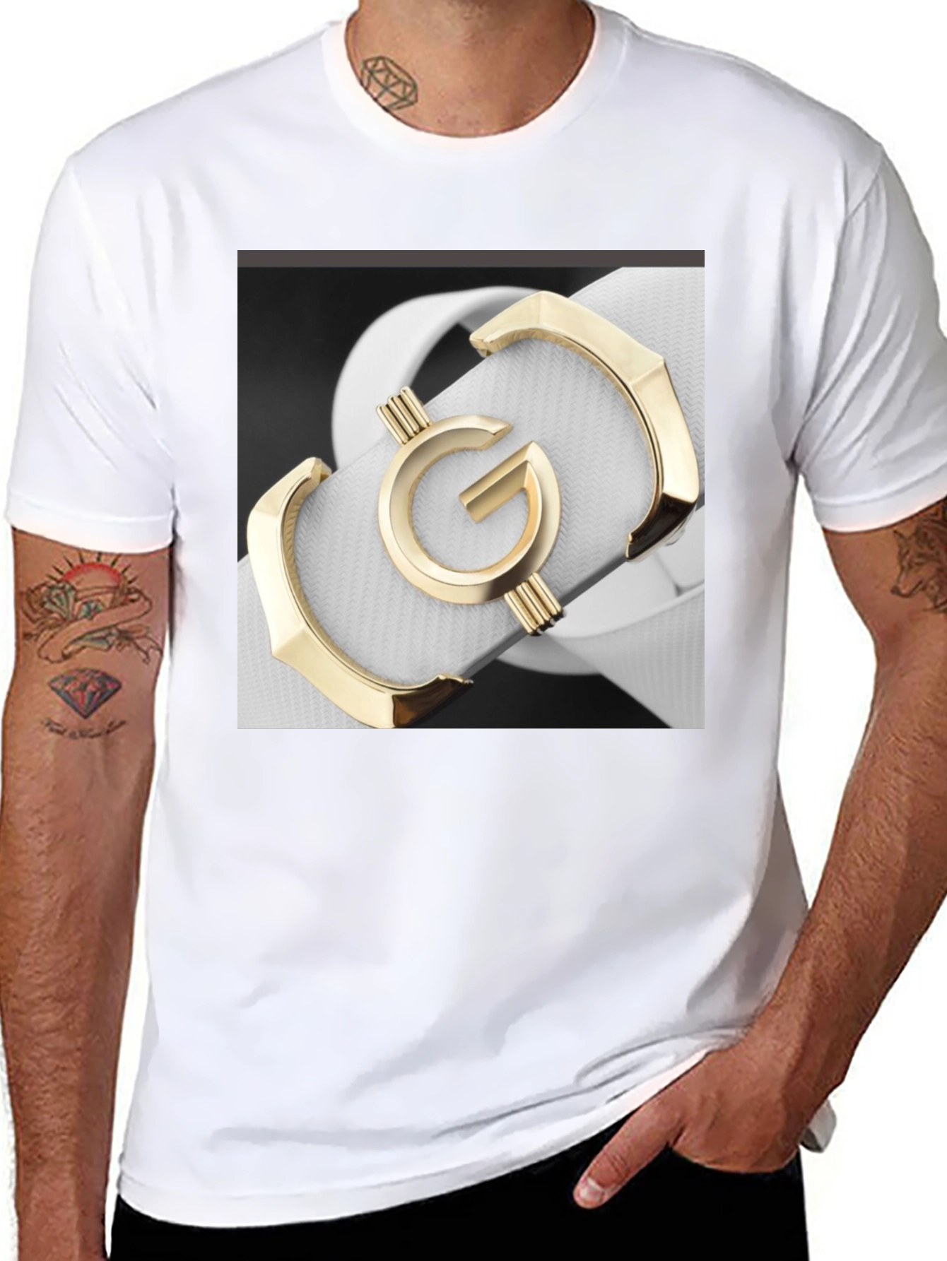 Stylish Black T-Shirt with Gold G Belt Print