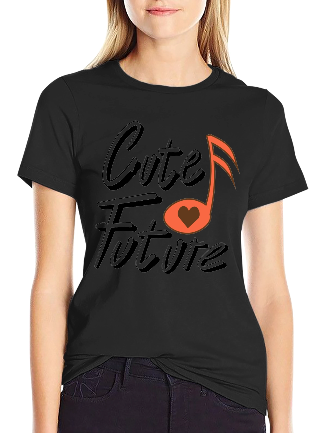 Cute Future Music Heart Graphic Black T-Shirt