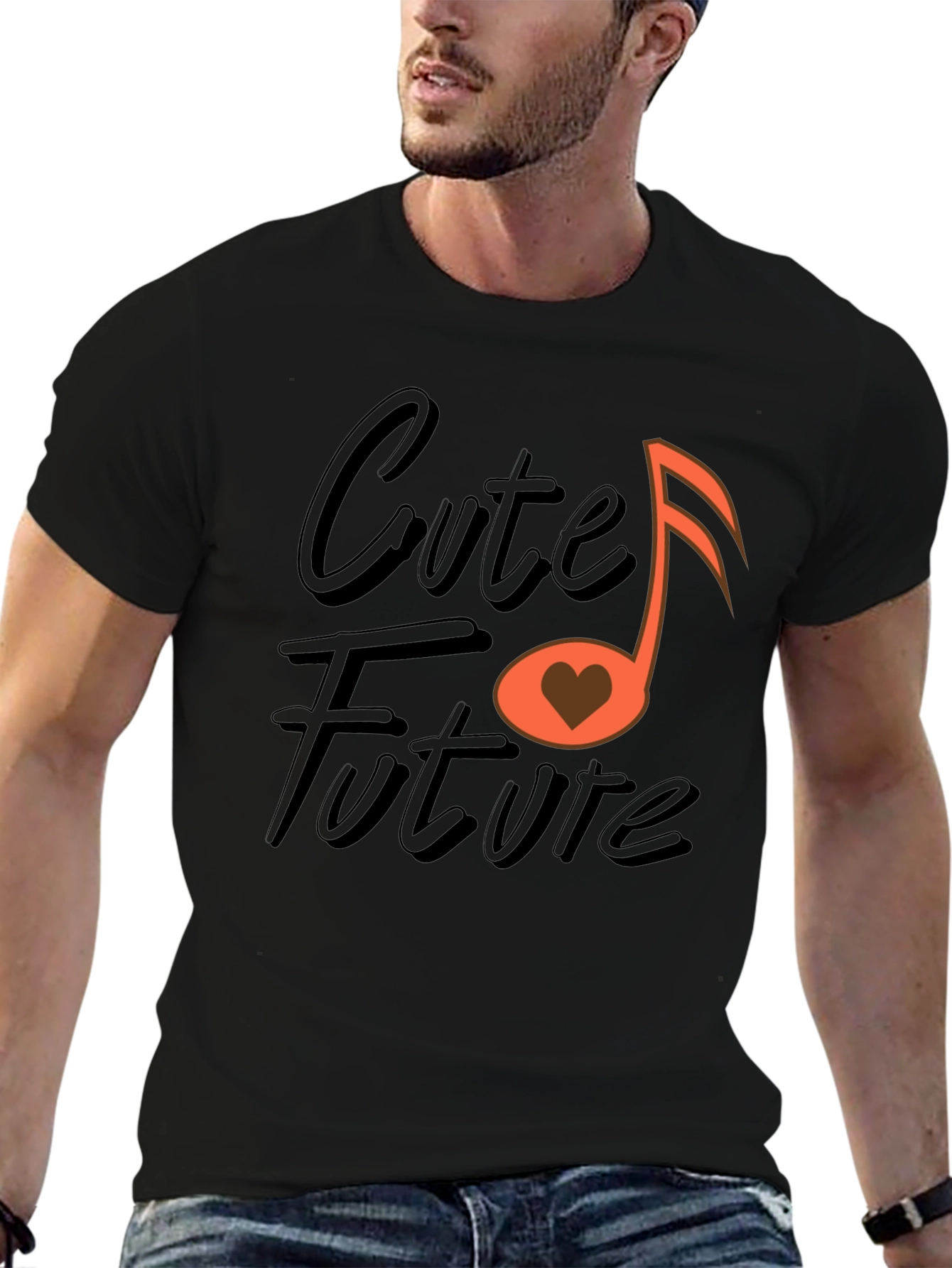 Cute Future Music Heart Graphic Black T-Shirt