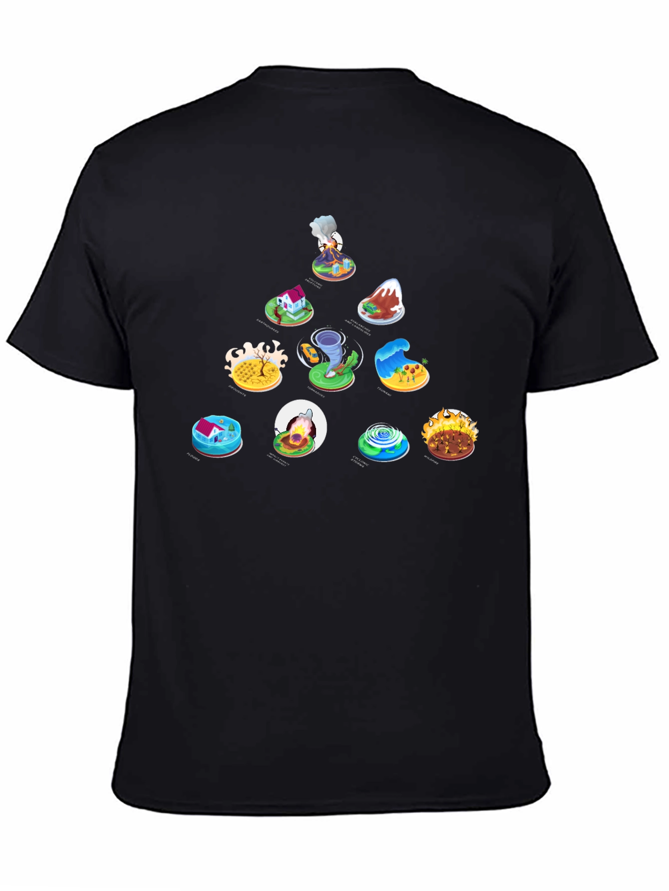 Natures Fury Tee: Disaster Icons on Black Cotton