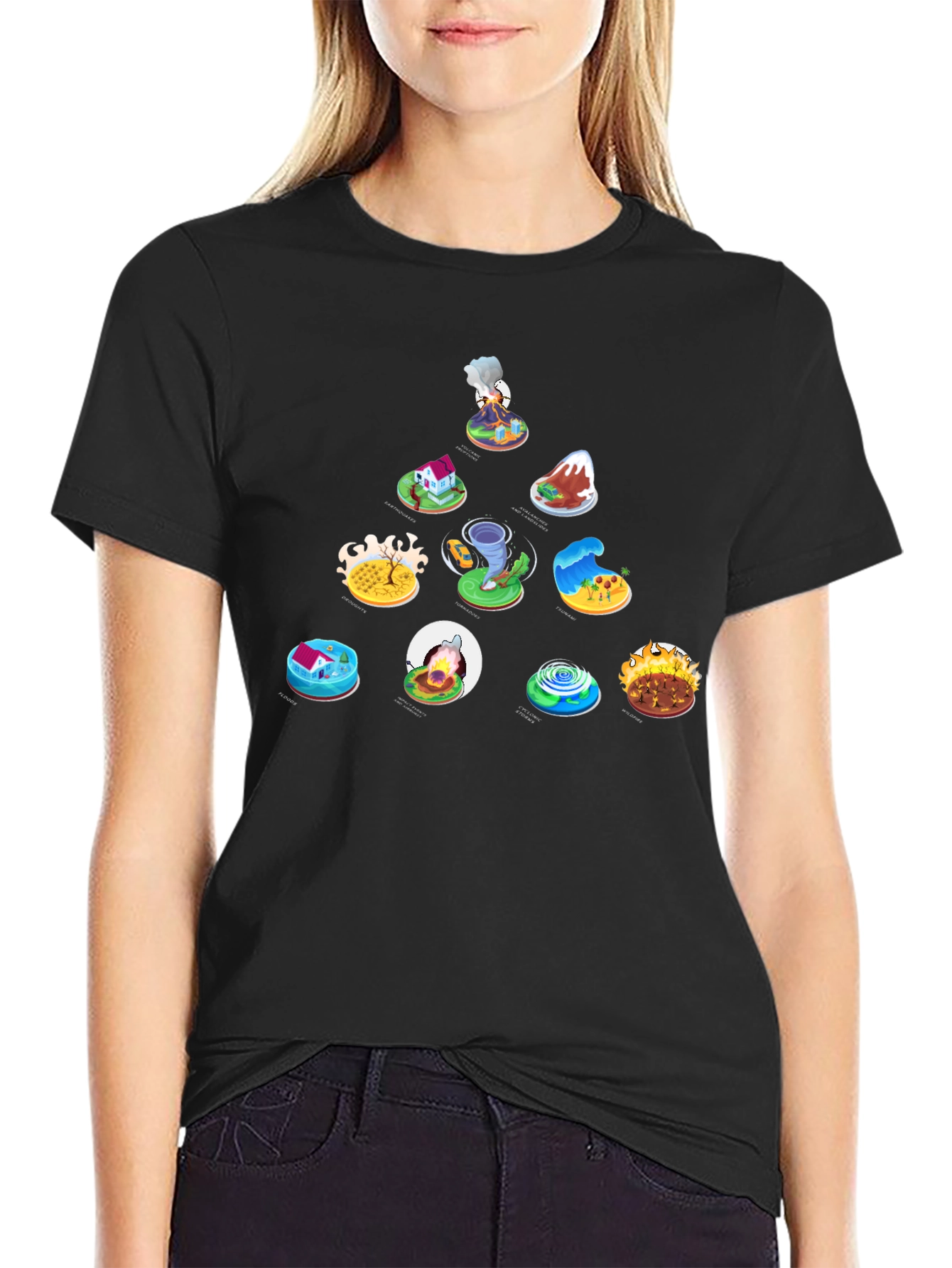 Natures Fury Tee: Disaster Icons on Black Cotton