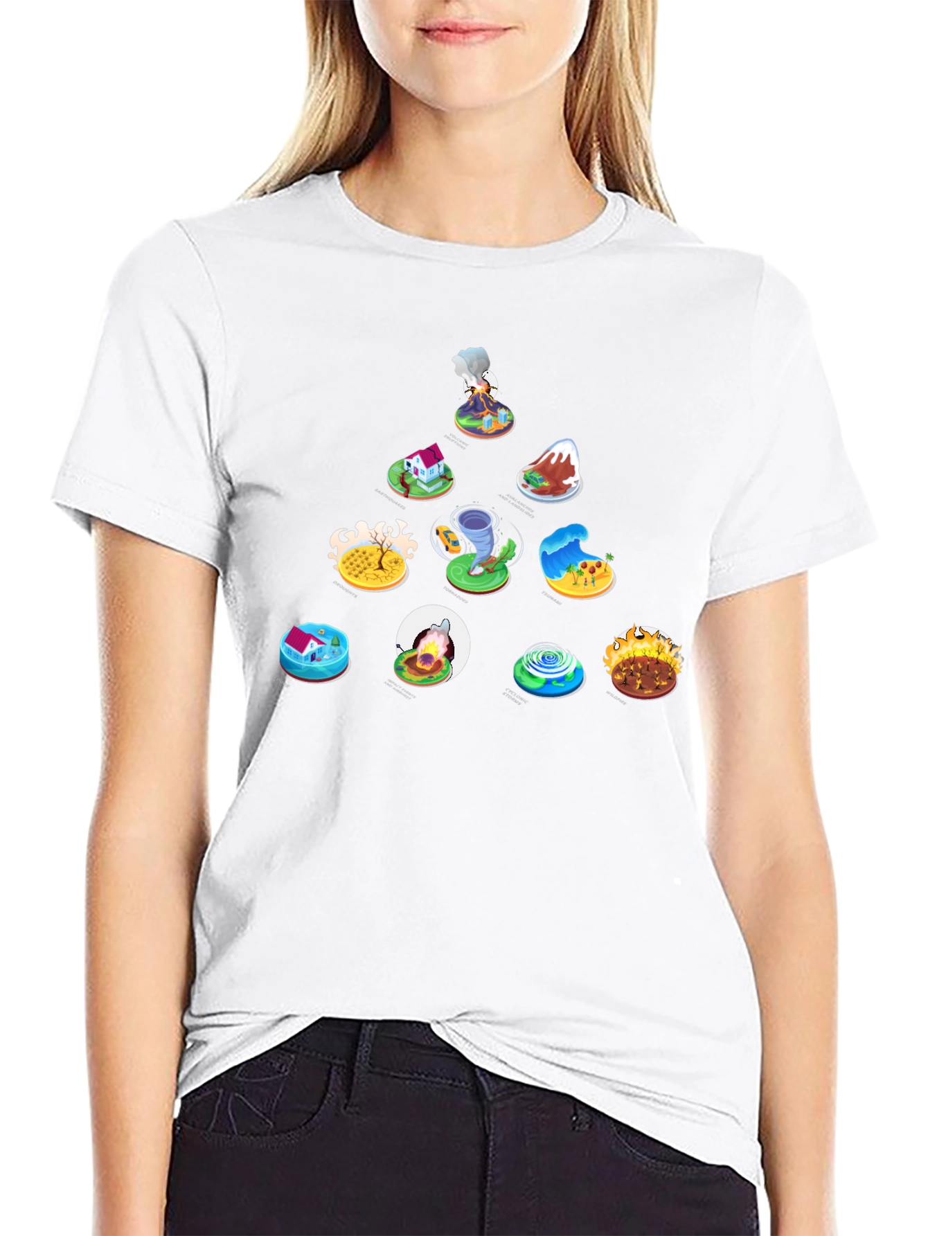 Natures Fury Tee: Disaster Icons on Black Cotton