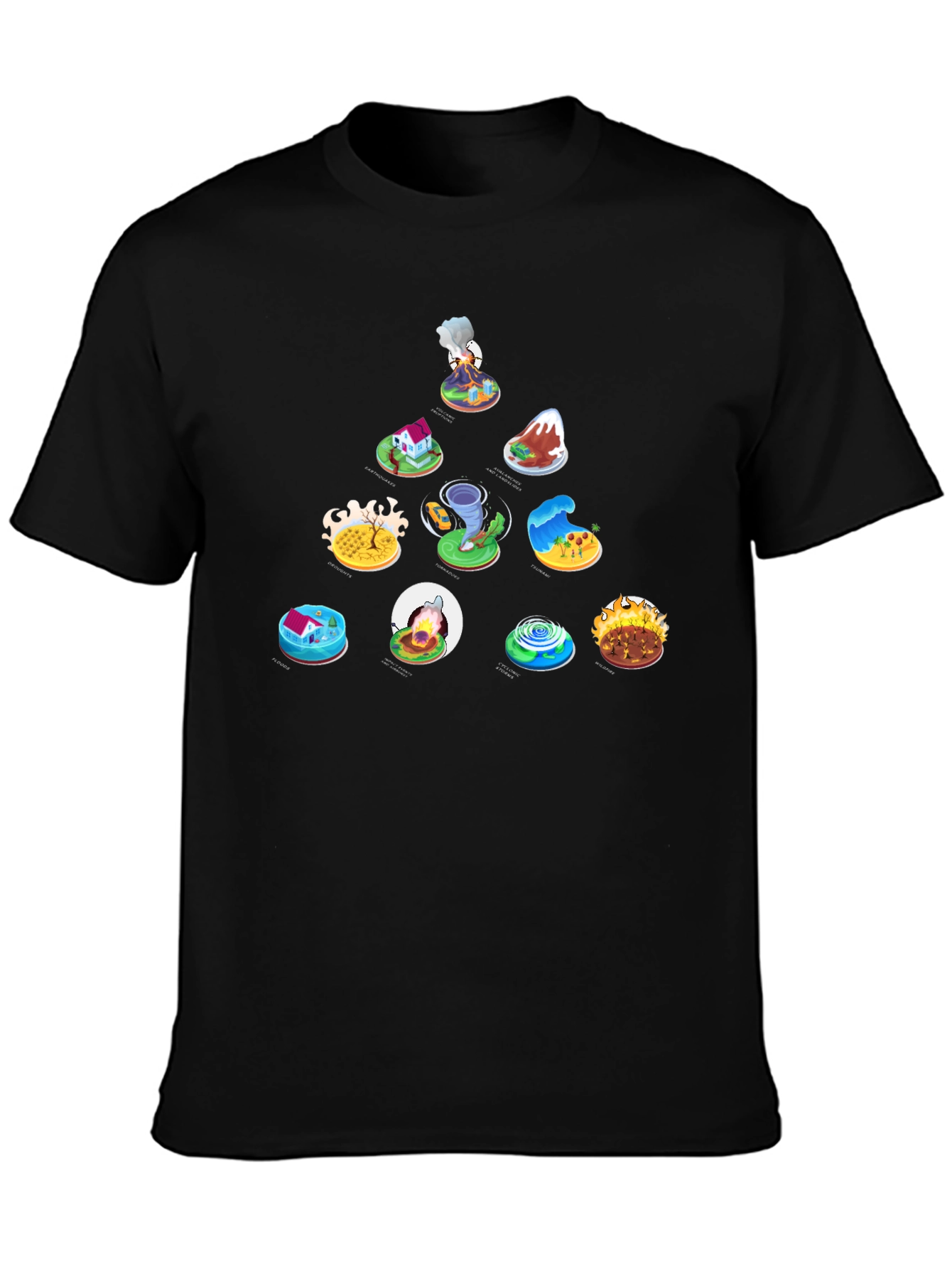Natures Fury Tee: Disaster Icons on Black Cotton