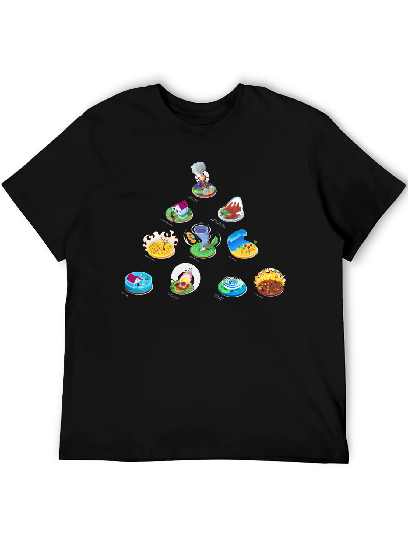 Natures Fury Tee: Disaster Icons on Black Cotton