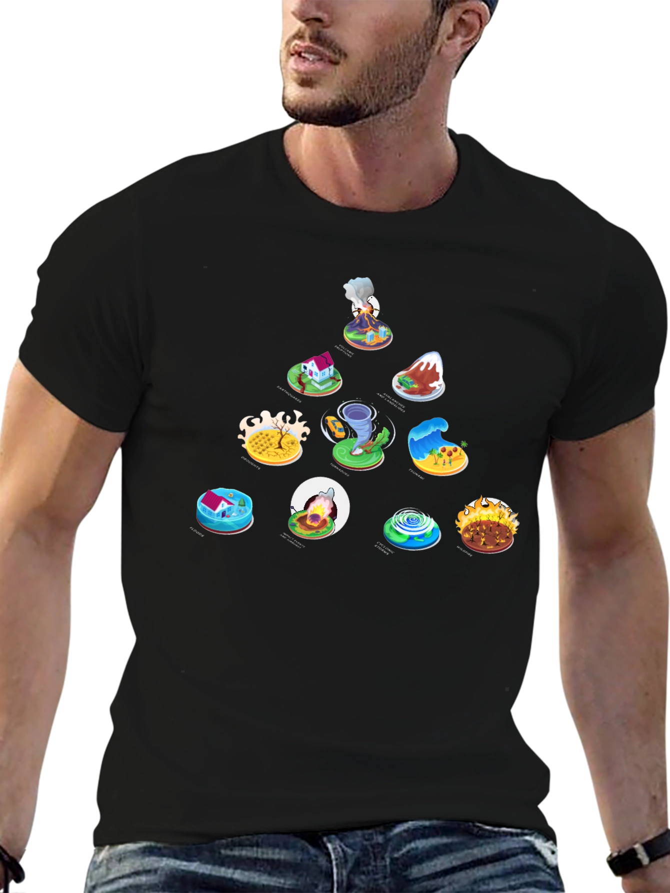 Natures Fury Tee: Disaster Icons on Black Cotton
