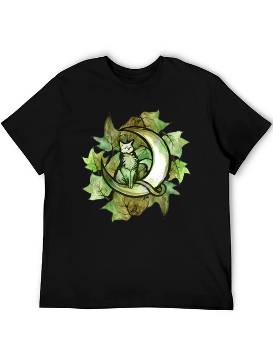 Cat on Crescent Moon T-Shirt - Green Leaf Design