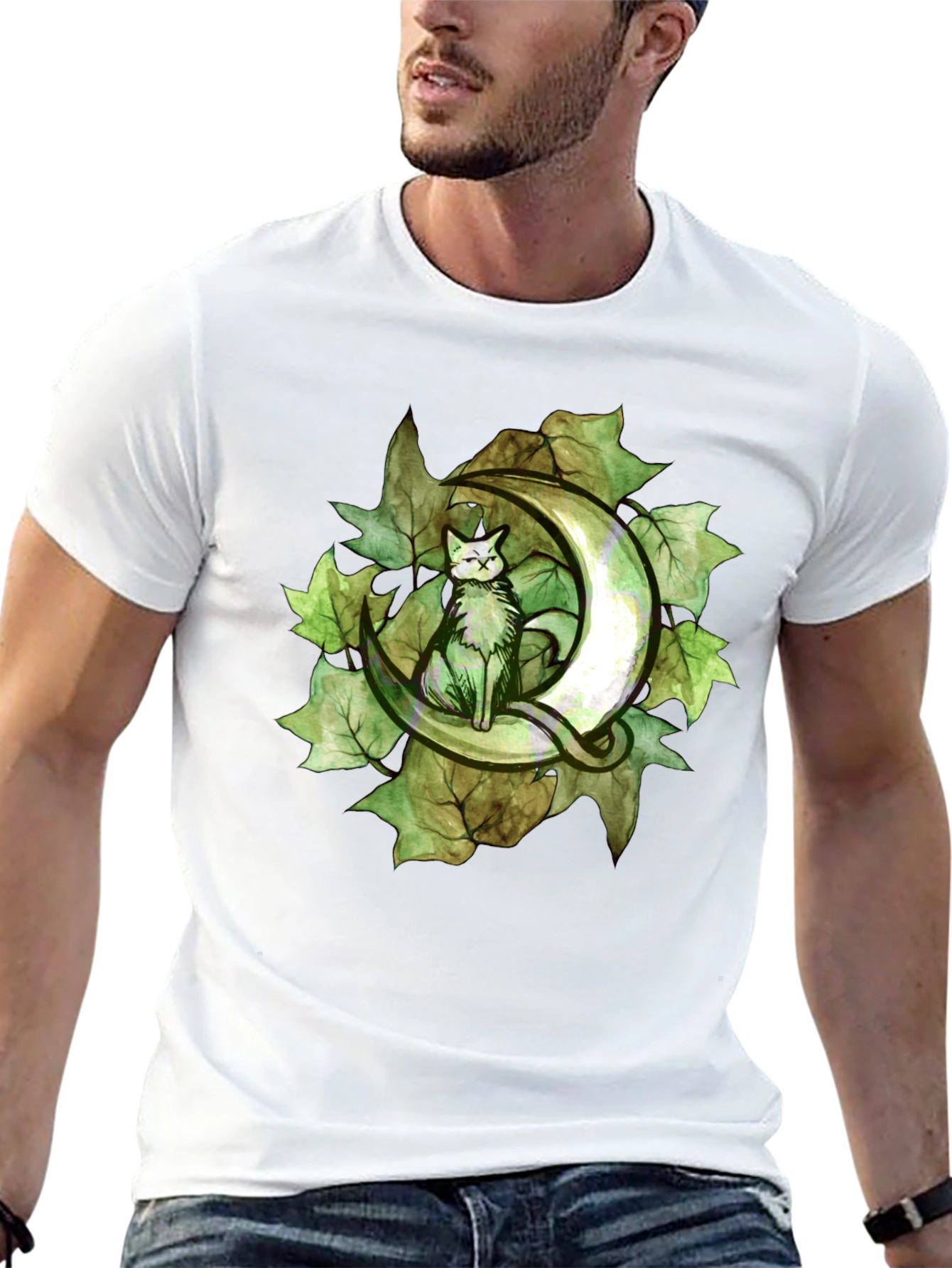 Cat on Crescent Moon T-Shirt - Green Leaf Design