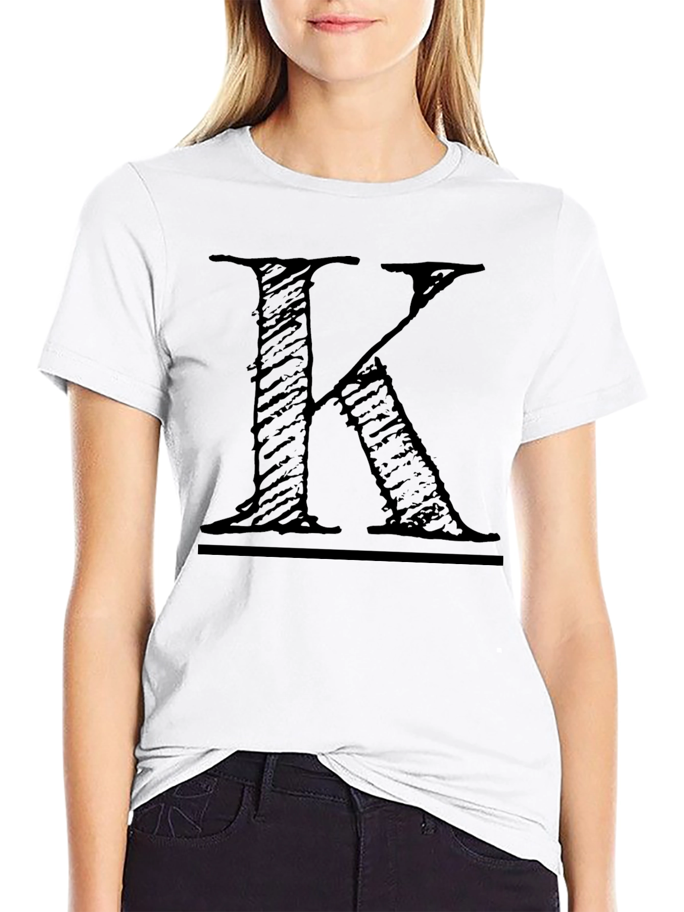 Mens Black T-Shirt with Distressed Letter K Design