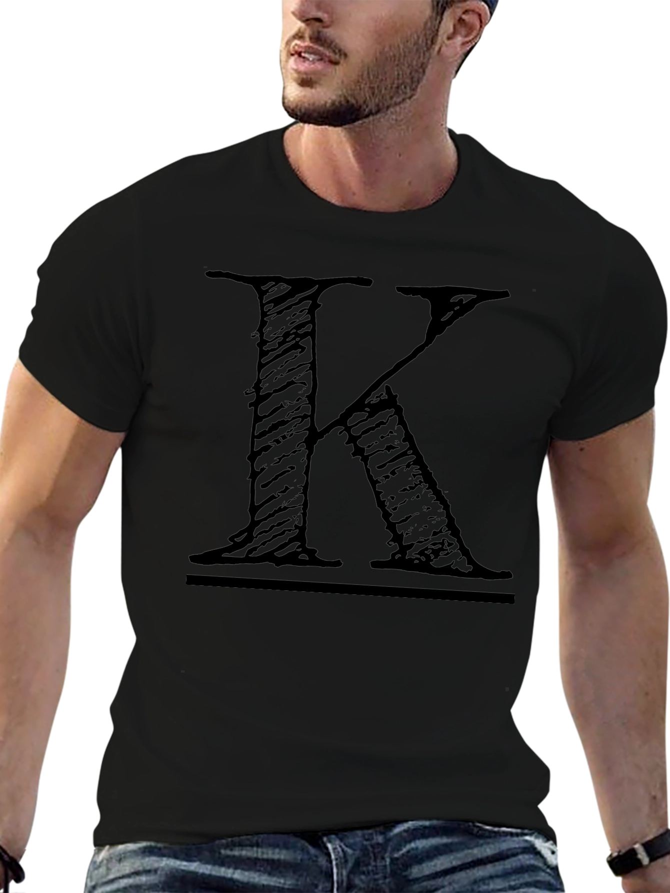 Mens Black T-Shirt with Distressed Letter K Design