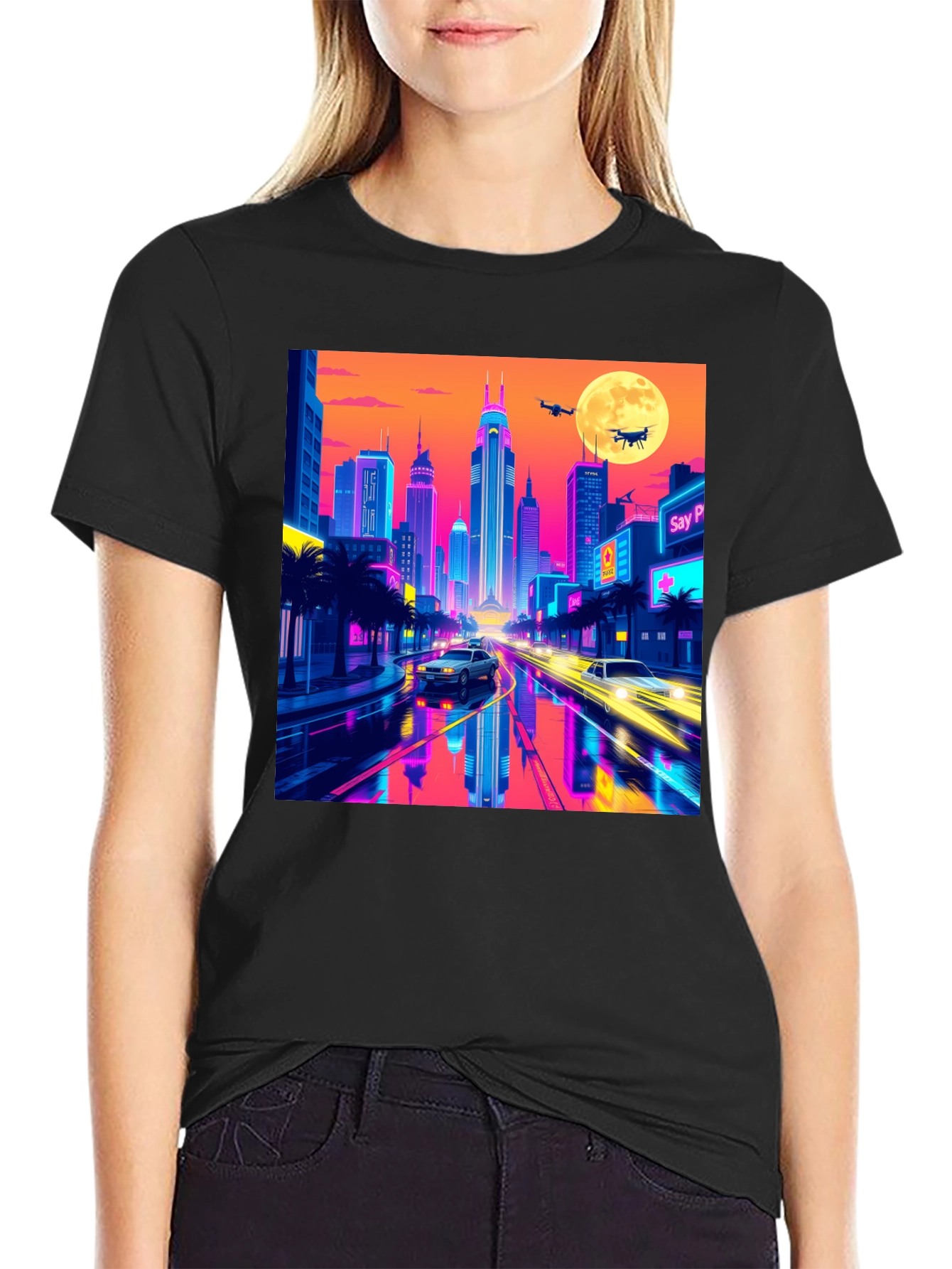 Neon Cityscape T-Shirt - Retro Futuristic Style
