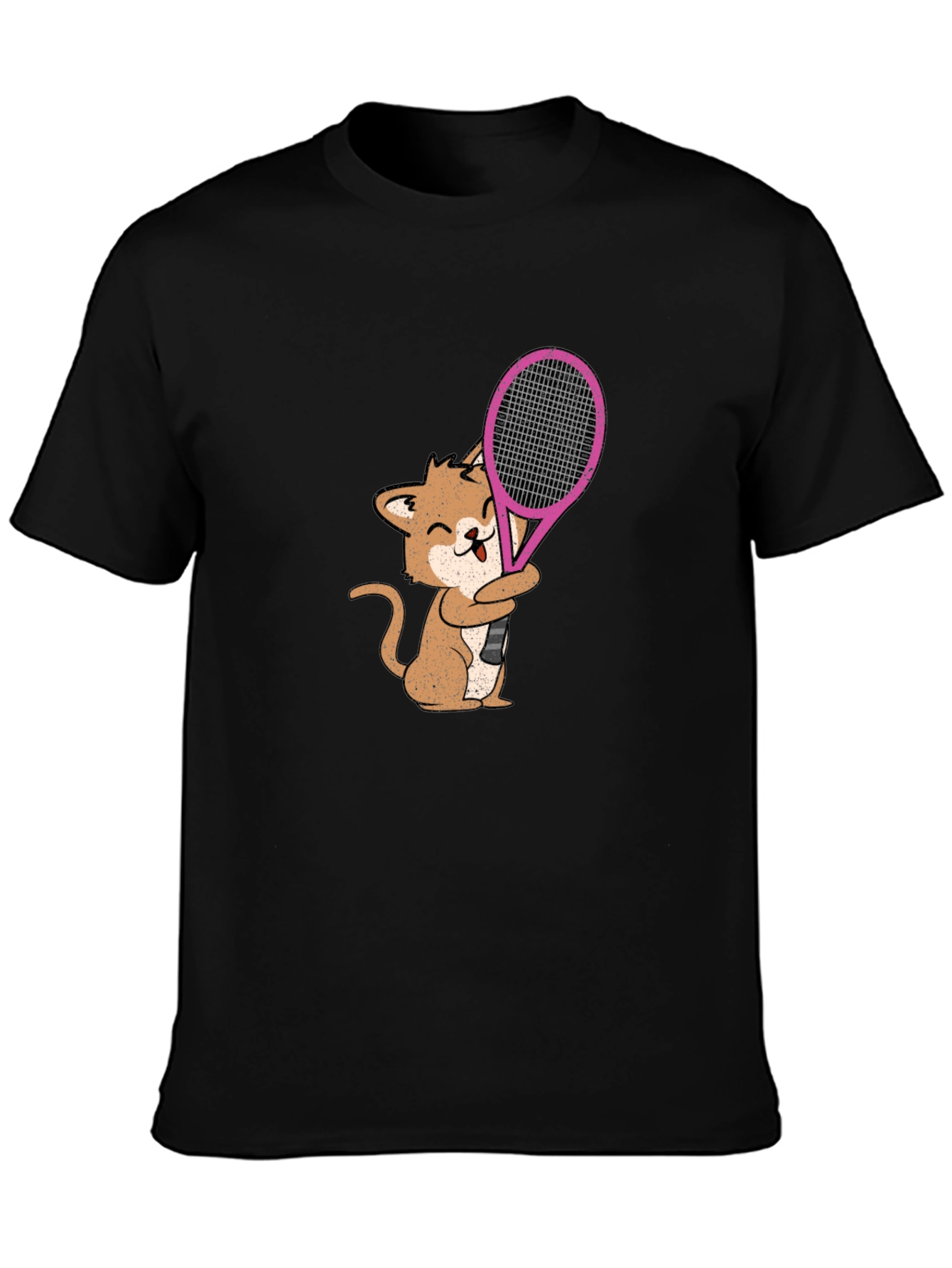 Cat Tennis Player Graphic Tee - Black