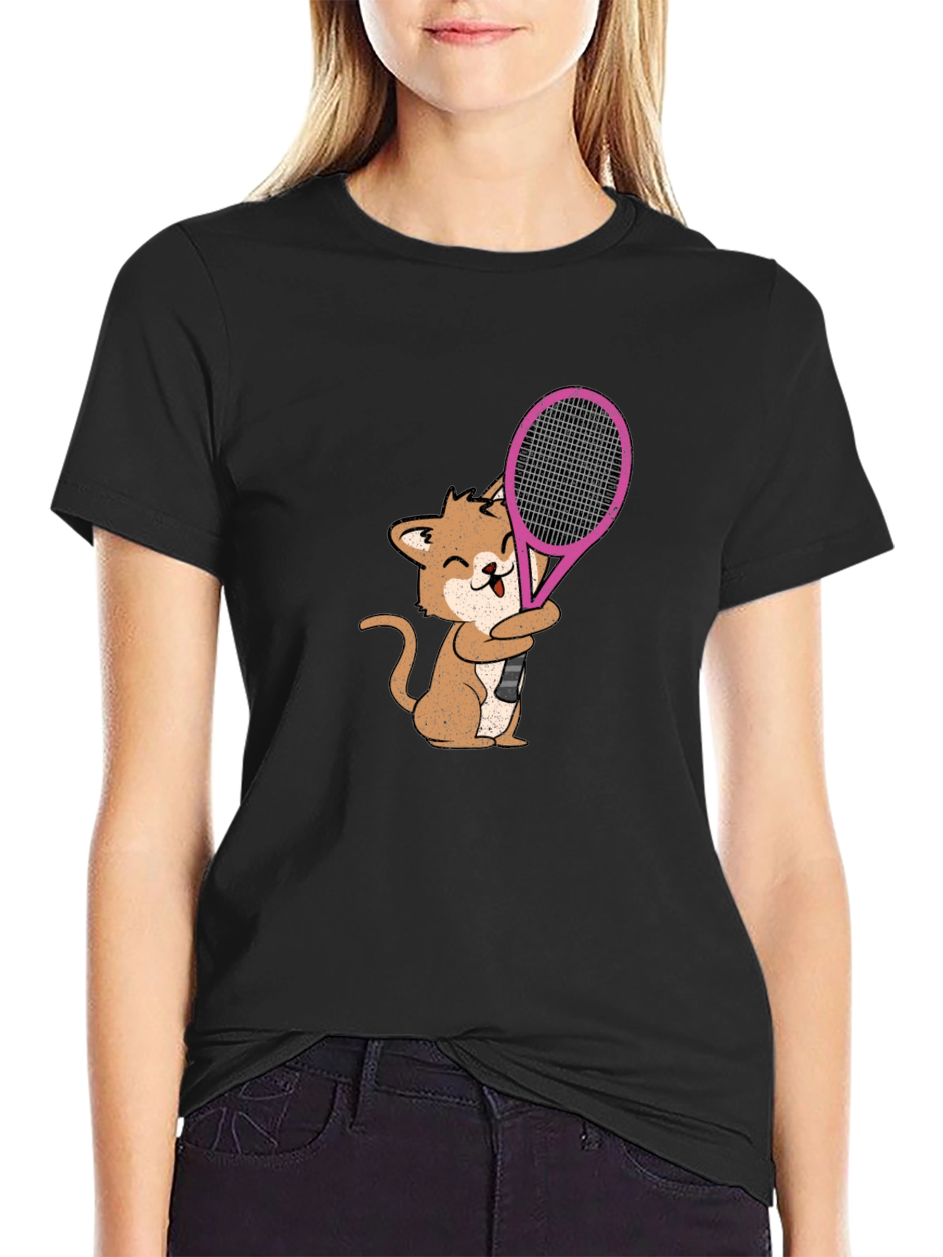 Cat Tennis Player Graphic Tee - Black