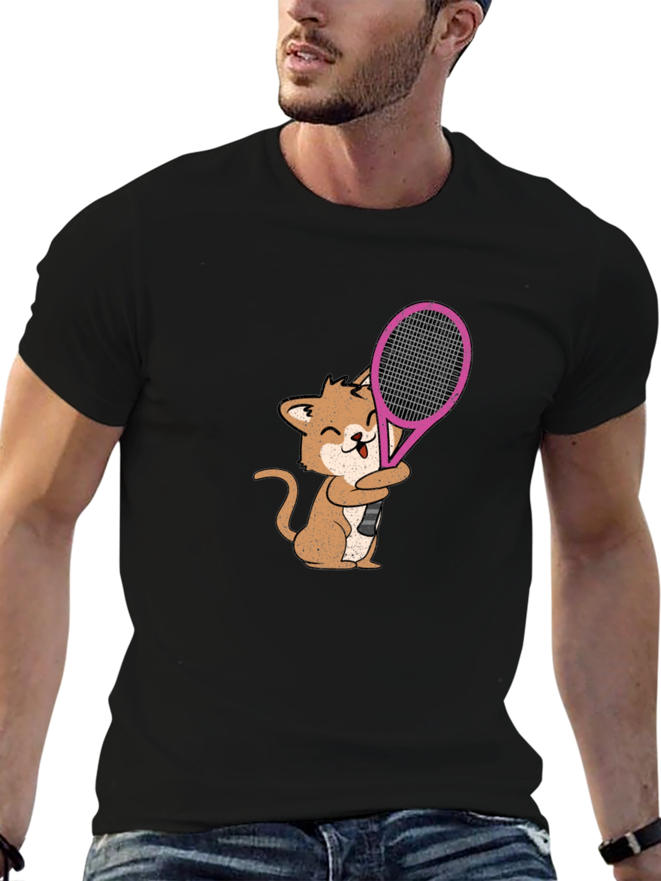 Cat Tennis Player Graphic Tee - Black